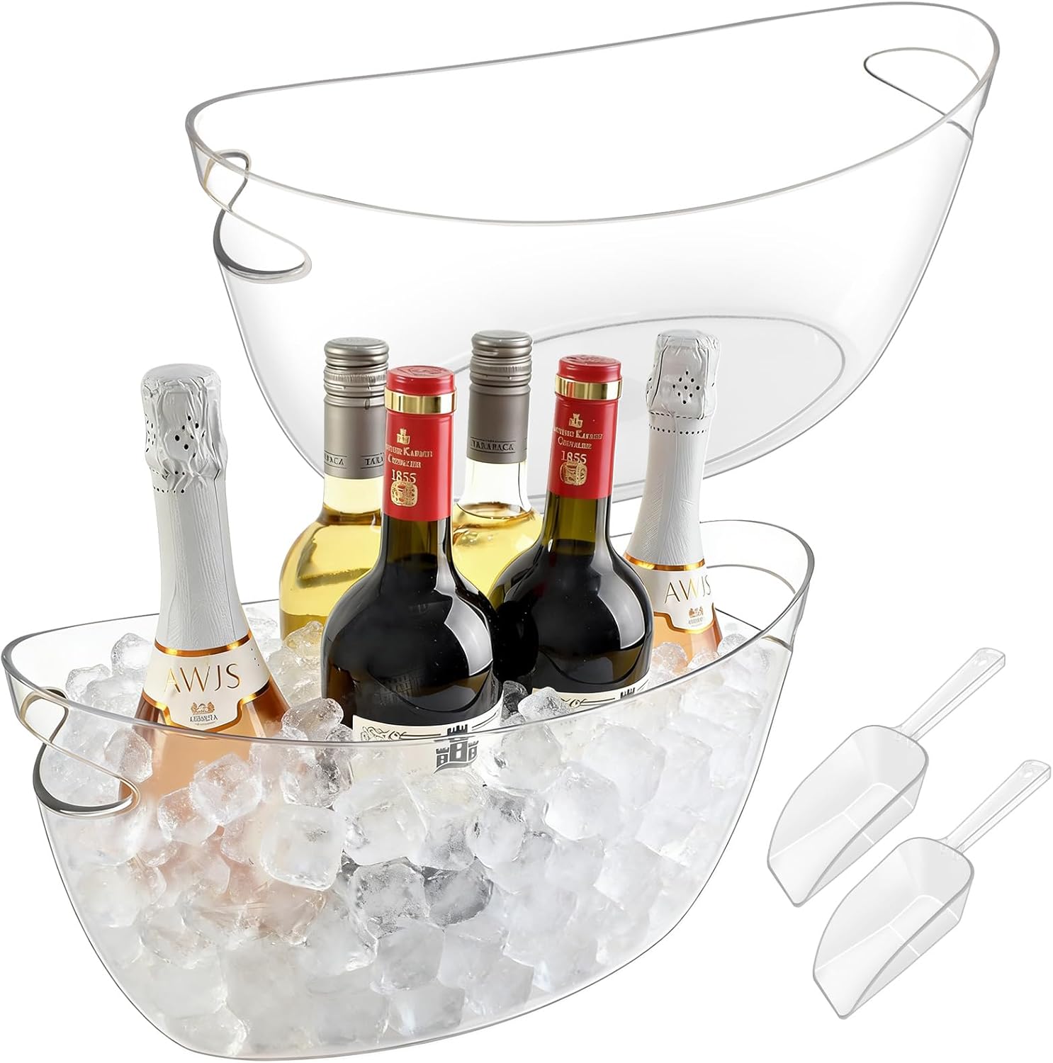Ice Buckets for Parties, 2 Pack 7.5L Upgraded Thickened Acrylic Ice Bucket Set with 2 Scoops,Large Clear Beverage Tub, Champagne Bucket and Drink Bucket for Wine,Beer,Cocktails and Mimosa Bar Supplies