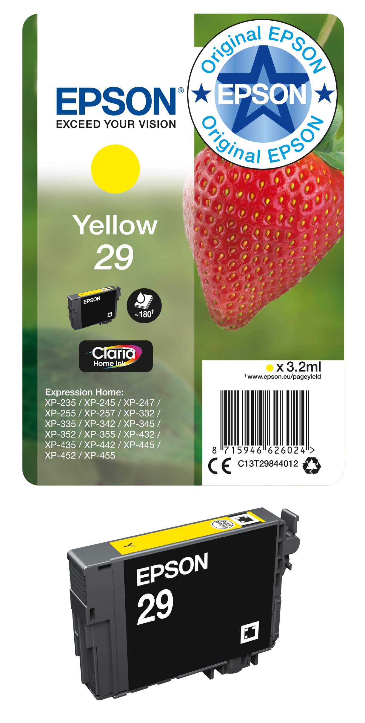 Epson,235M145,Original AA829 TinteErdbeere, XP-235 XP-332XP-335 XP-432 XP-435 XP-245 XP-342XP-345 XP-442 XP-445 XP-247 XP-257 XP-255 XP-352 XP-355 XP-452 XP-455, (gelb)