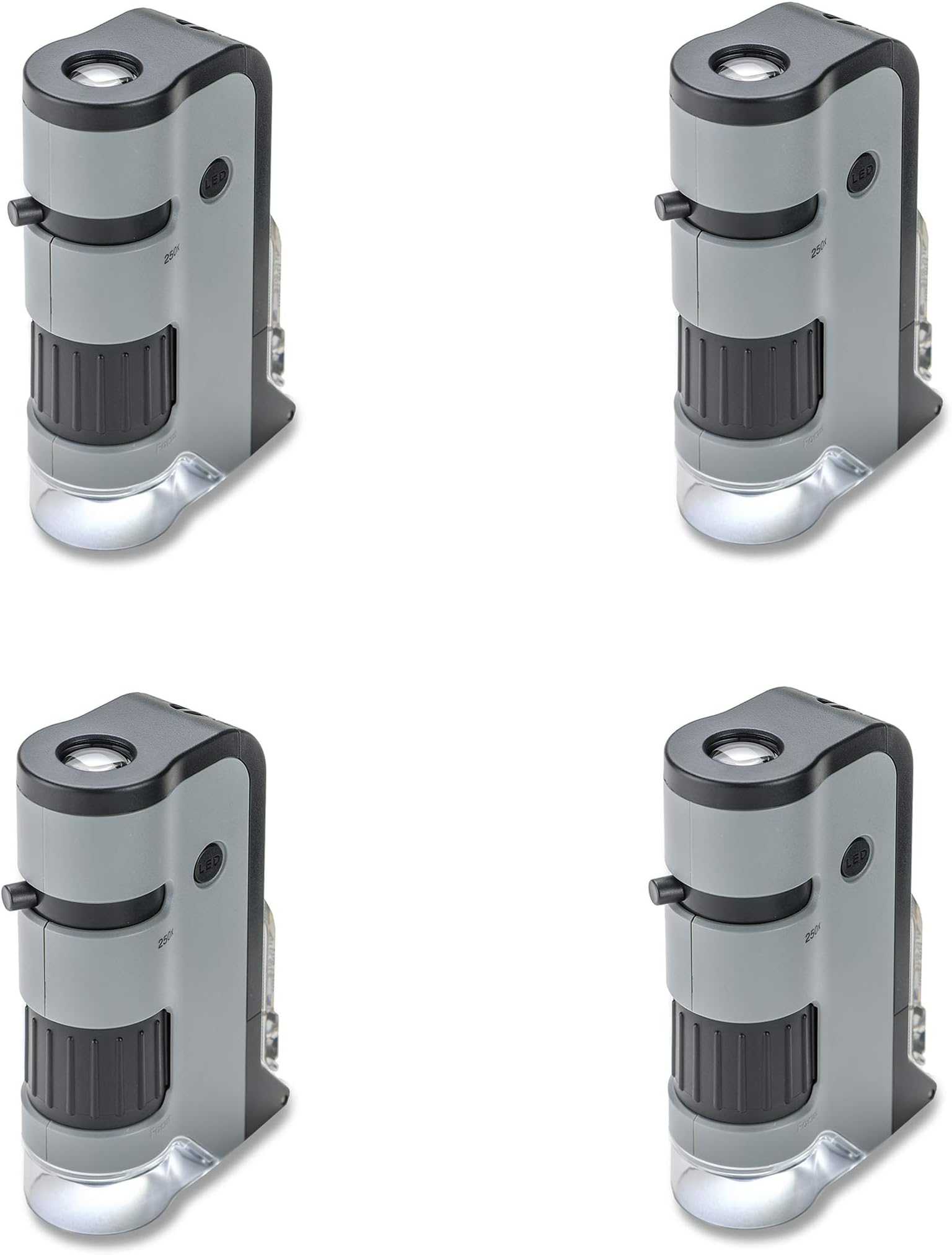 Carson MicroFlip 100x-250x LED and UV Lighted Pocket Microscope with Flip Down Slide Base and Adapter with CarsonCam Phone App - Set of 4 (MP-250MU)