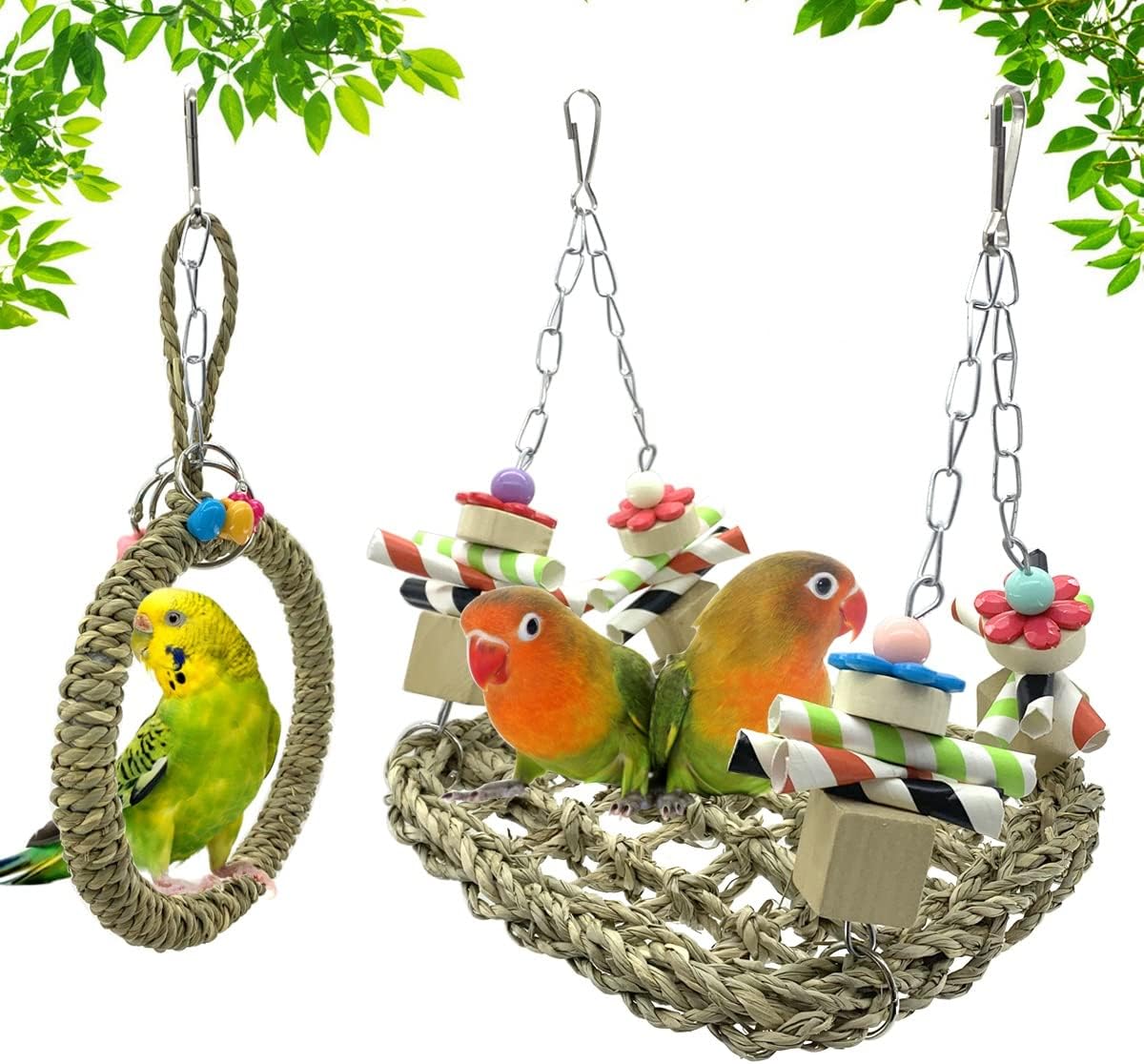 Vehomy 2Pcs Bird Seagrass Swing Toys Bird Parrot Trapeze Bird Ring Swing Handmade Bird Hammock Bird Perch Toy for Small Birds Lovebird,…