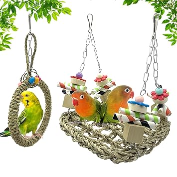 Vehomy 2Pcs Bird Seagrass Swing Toys Bird Parrot Trapeze Bird Ring Swing Handmade Bird Hammock Bird Perch Toy for Small Birds Lovebird, Budgie, Conure Parrotlet, Parakeets