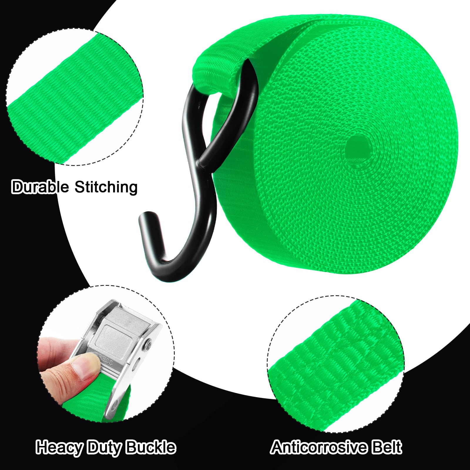 16 cinghie di fissaggio a cambuckle da 799,7 kg, resistenza alla rottura, 2,5 cm x 4,6 m, con gancio a S, per moto, kayak, auto, camion, barca, spostamento, fissaggio del carico (verde)