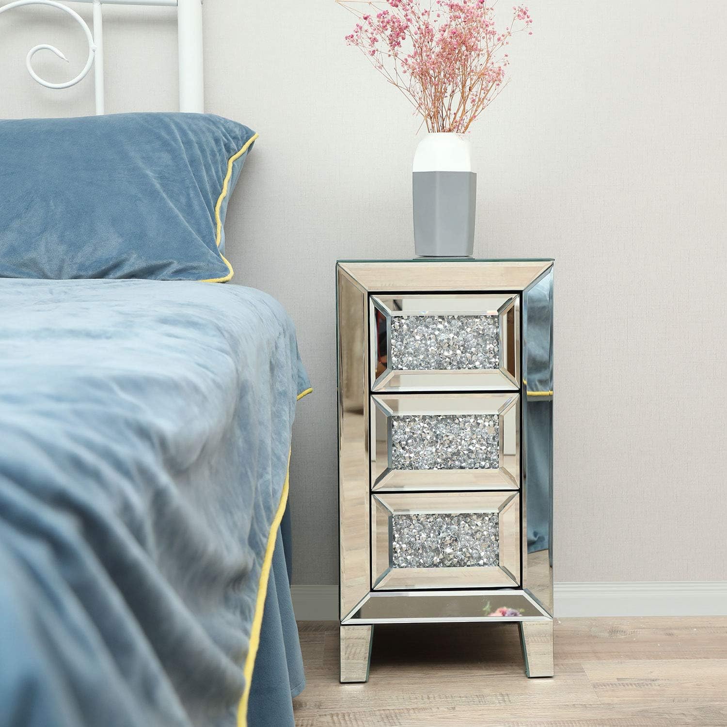 Buy JAXPETY 3Drawer Mirrored Nightstand, Bedside Table with Crystal