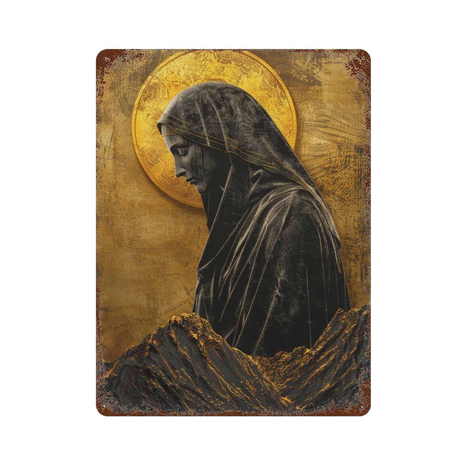 Garage Style Golden Virgin Mary Statue Weathered Tin Sign 15.7"x11.8", Farmhouse Wall Decor for Bar And Workshop