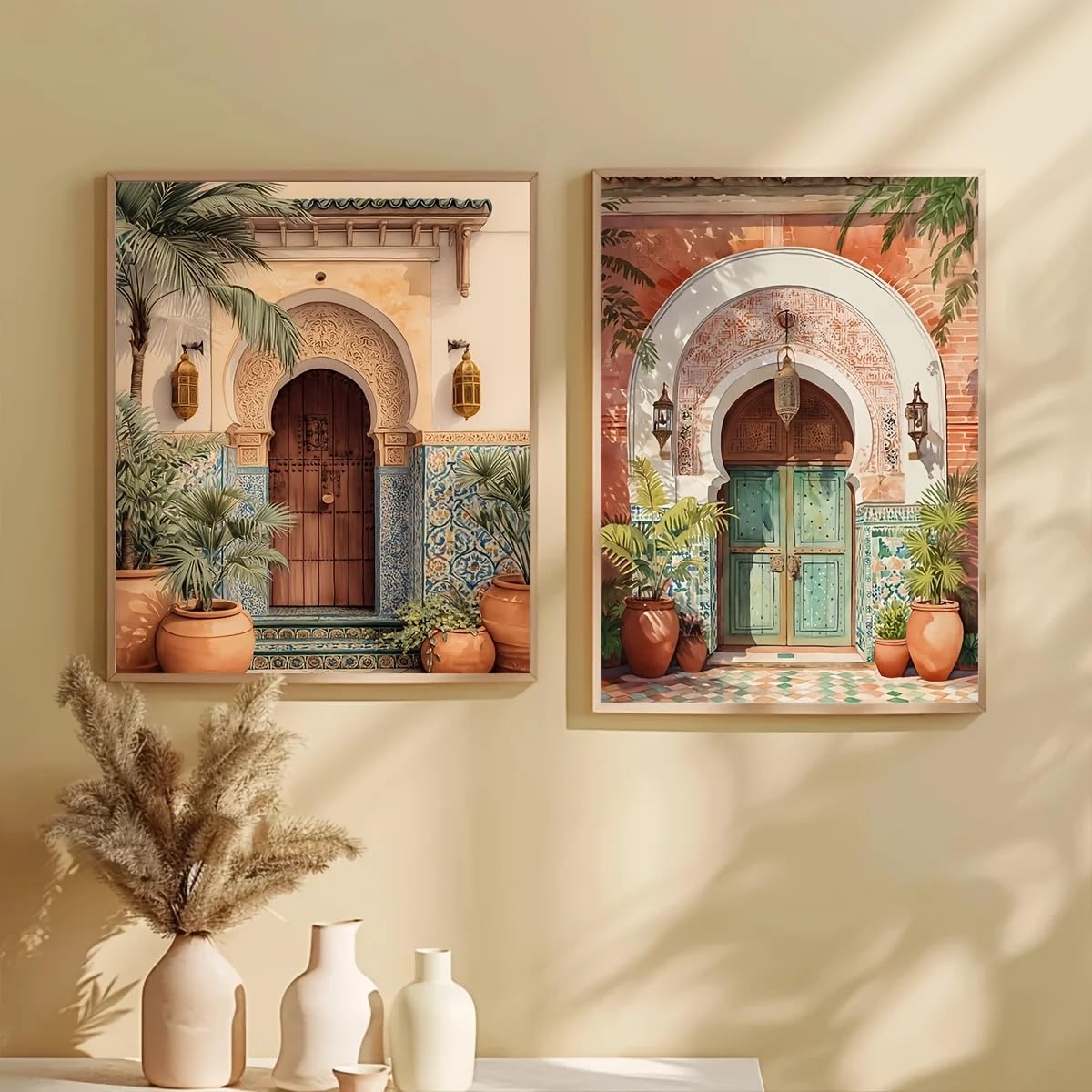 GOSRD Wall Art Neutral Boho Canvas Print Terracotta Cactus Decor Pouf Poster Minimalist Bedroom Home(60x90cm-2Pcs)