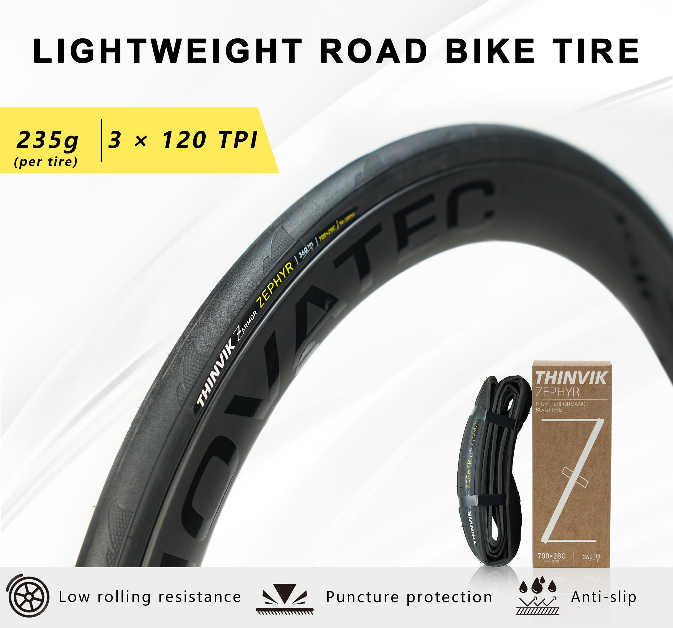 Thinvik Coppia di pneumatici per bicicletta, 700 x 25c/700 x 28c (622-25/28), ultraleggeri 120 TPI a 3 strati, protezione contro le forature, allenamento per bici da corsa, confezione da 2 pezzi + 2