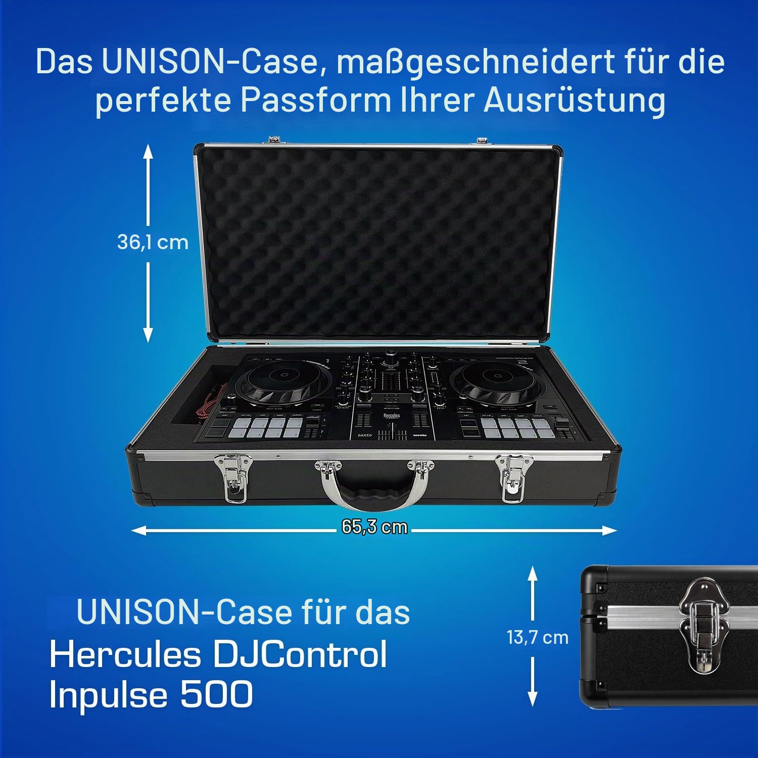 Unison Case für Hercules DJ Control Inpulse 500, Schutzkoffer (Hochwertiger Transportkoffer, mit individuell gestanztem Schaumstoff, Metallverschlüsse, ergonomischer Gummigriff)