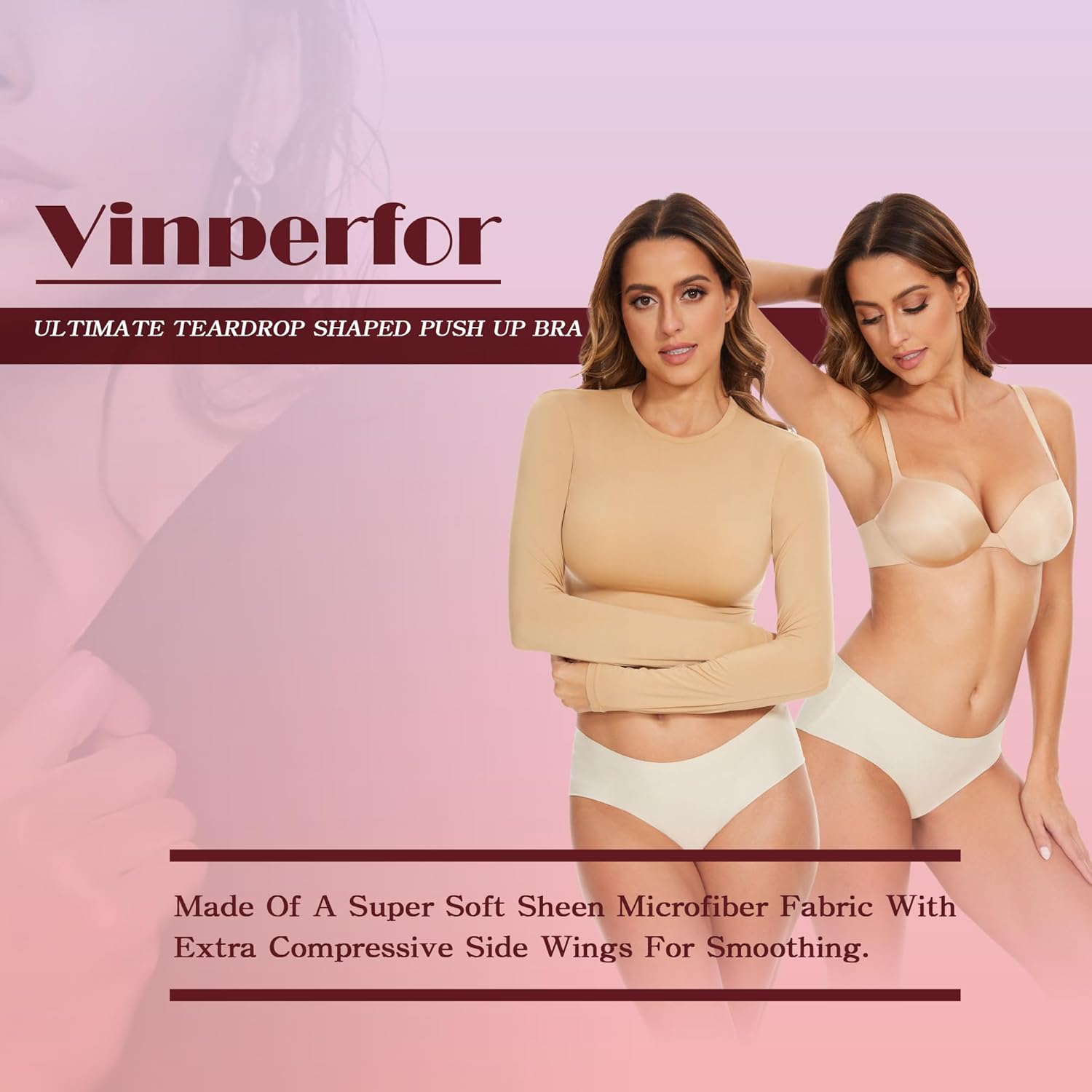 Women's Plunge Push Up Bra-Scoop Neckline Invisible Underwire Low Back-Sexy Demi Balconette T Shirt Bra for Comfort Lift