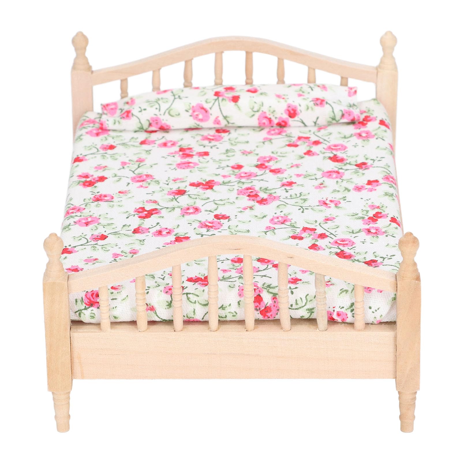 Bonbela 1:12 Dollhouse Mini Double Bed Miniature Furniture Dollhouse Bed Realistic Exquisite Details Birch Wood Fabric Material with 15.7cm Length for Kids Holiday - Image 3