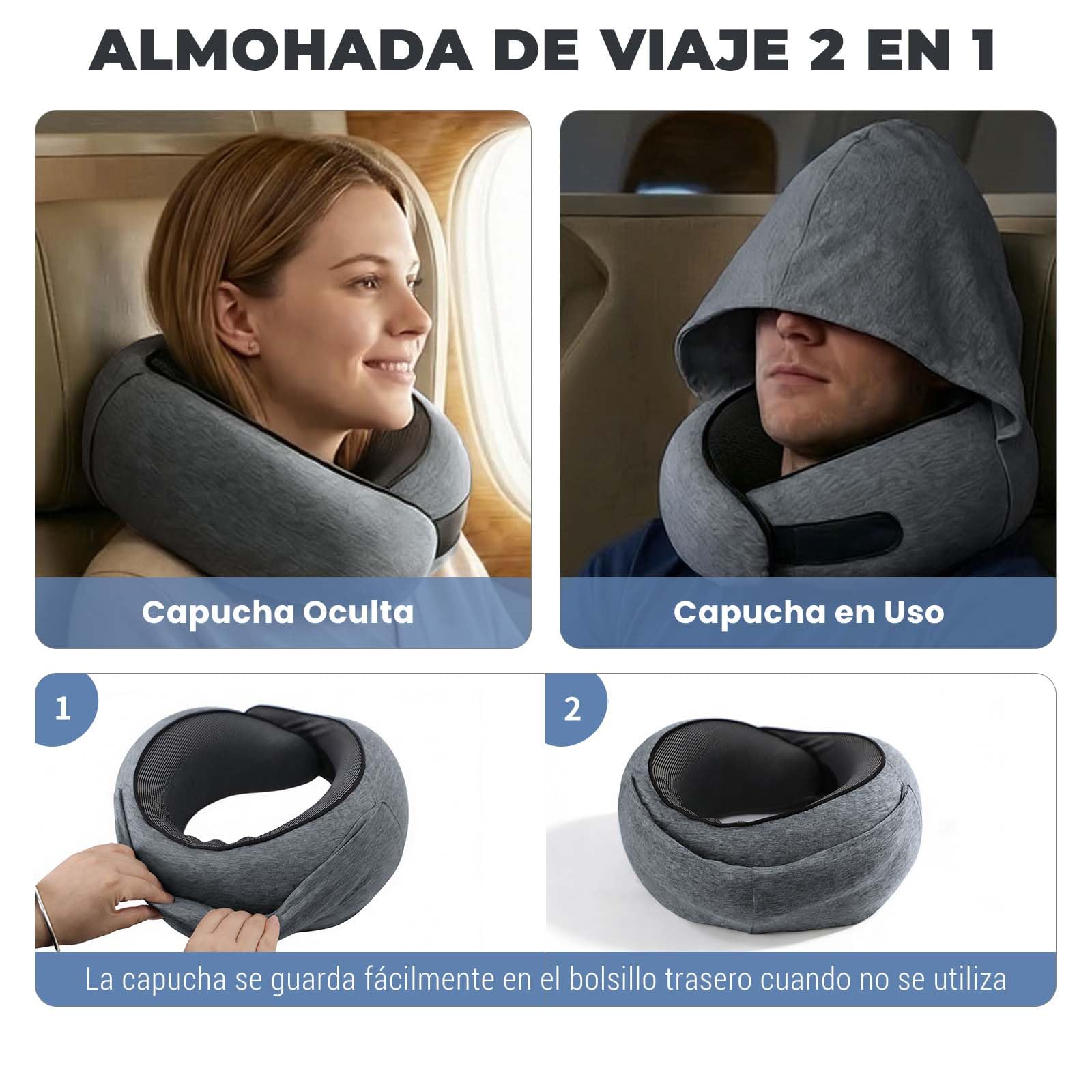 Almohada de Viaje Avión con Capucha Antiluz, Almohada Viaje de Memory Foam con Soporte Ergonómico 360°, Cojín Cuello Viaje Compacto para Avión, Coche y Casa, Adultos y Niños (Gris Oscuro)