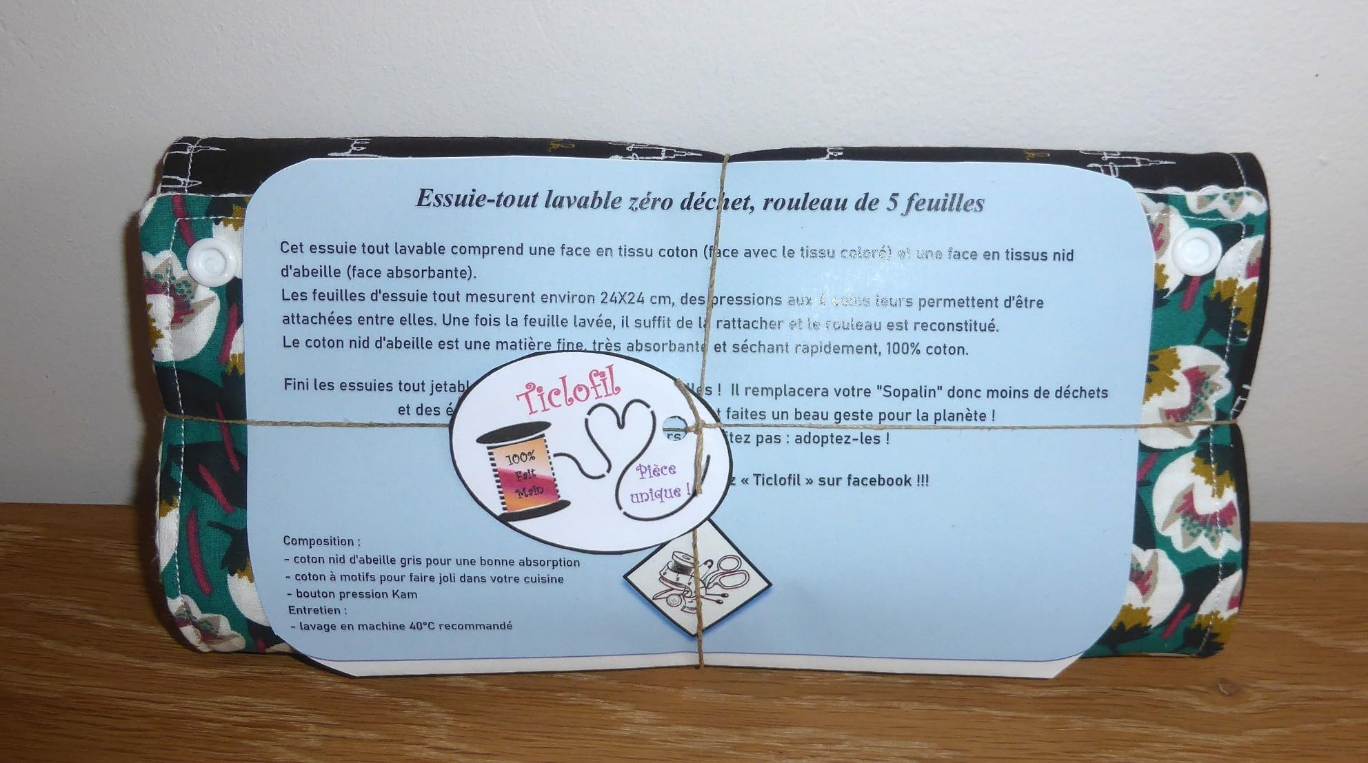 Rouleau de 5 feuilles d’essuie-tout lavable réutilisable – Handmade - zéro déchet (C vert noir)