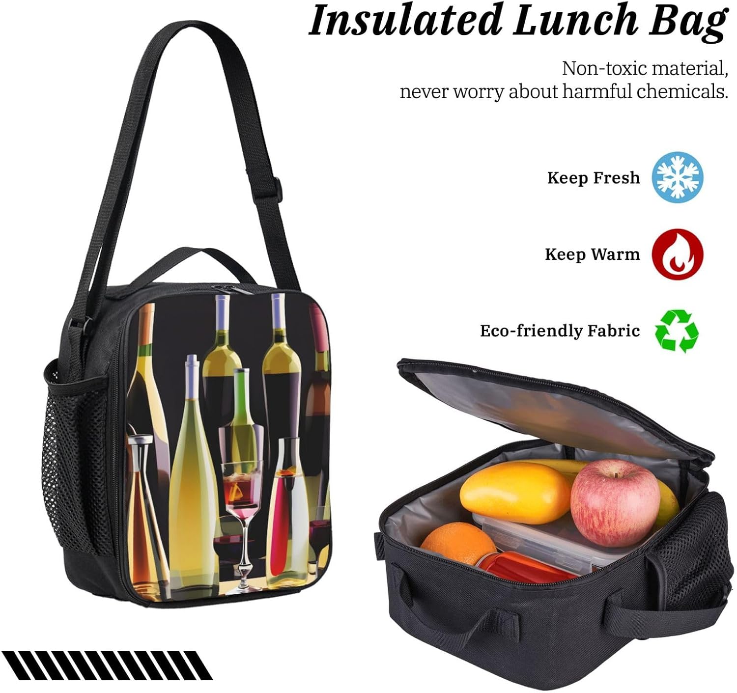 Cocktail Glasses and Wine Bottles print 3 Piece Backpack Bags with Lunch Box Pencil Case Set for Travel Work Camping Unisex