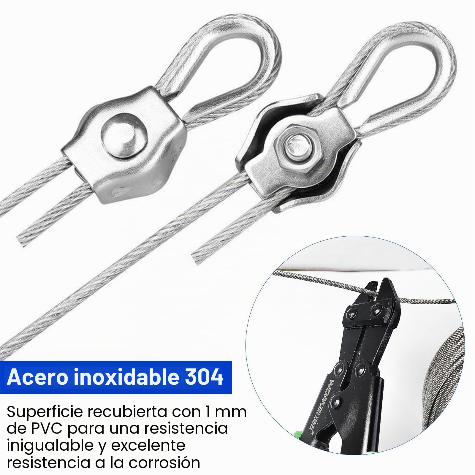 Cable de Acero Plastificado 3 mm, Fabricado en Acero Inoxidable, con 30 Metros de Longitud, Incluye Tensores de Cable de Acero, para Luces de Cadena, Tendederos y Cuerdas para Colgar Cortinas