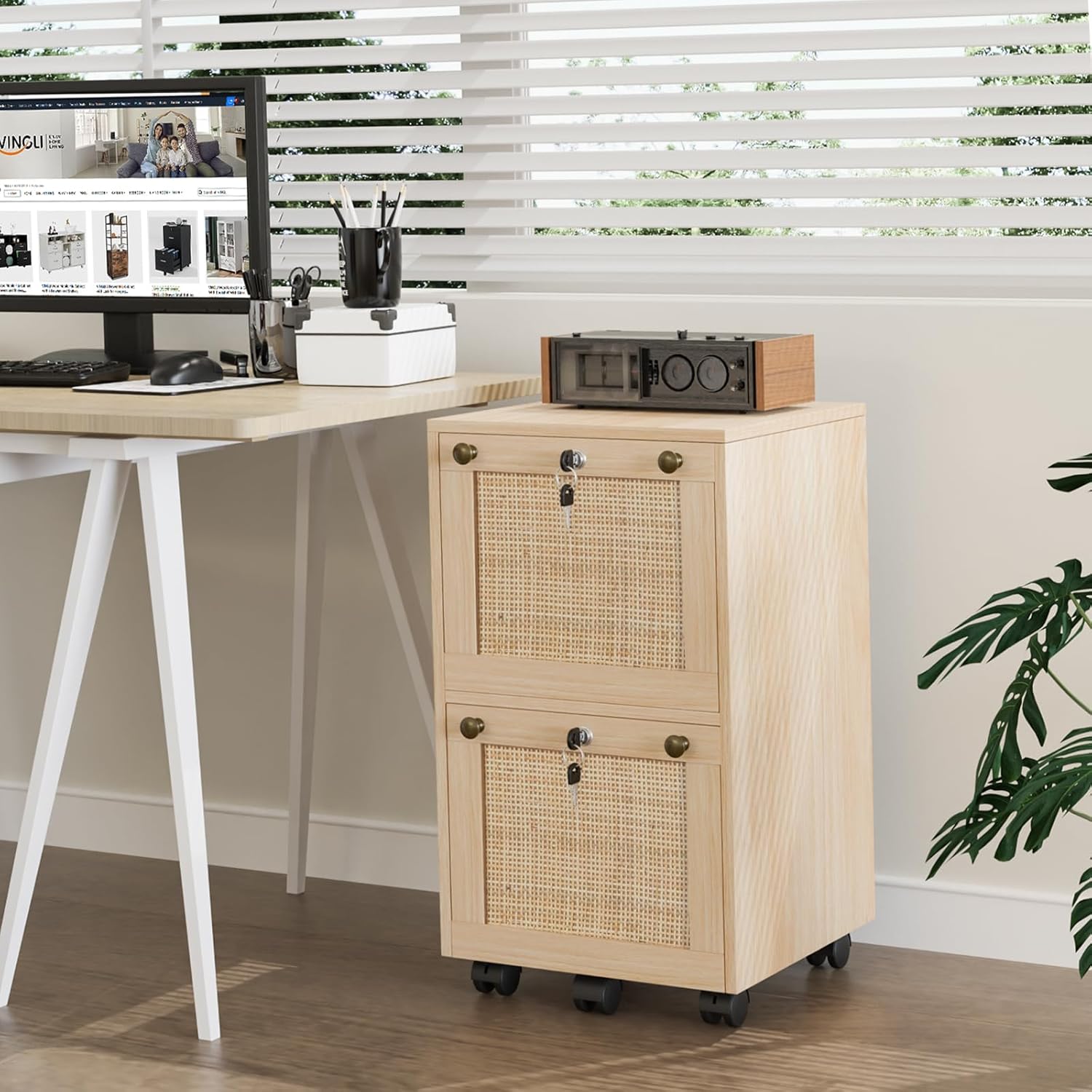 VINGLI 2 Drawer File Cabinet with Lock, Rolling File Cabinets for Home Office, Small Printer Stand, Wood Rattan Oak File Organizer, Under Desk Filing Cabinet on Wheels for Folders with Tabs