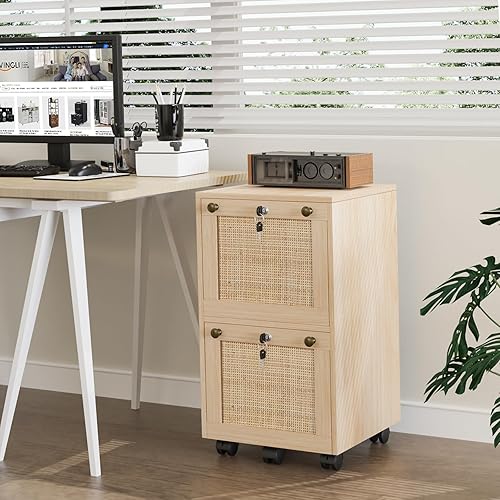 Miniatura 8 de VINGLI Archivador pequeño de 2 cajones con cerradura, archivador de madera para colgar archivos de tamaño carta con pestañas, archivador móvil