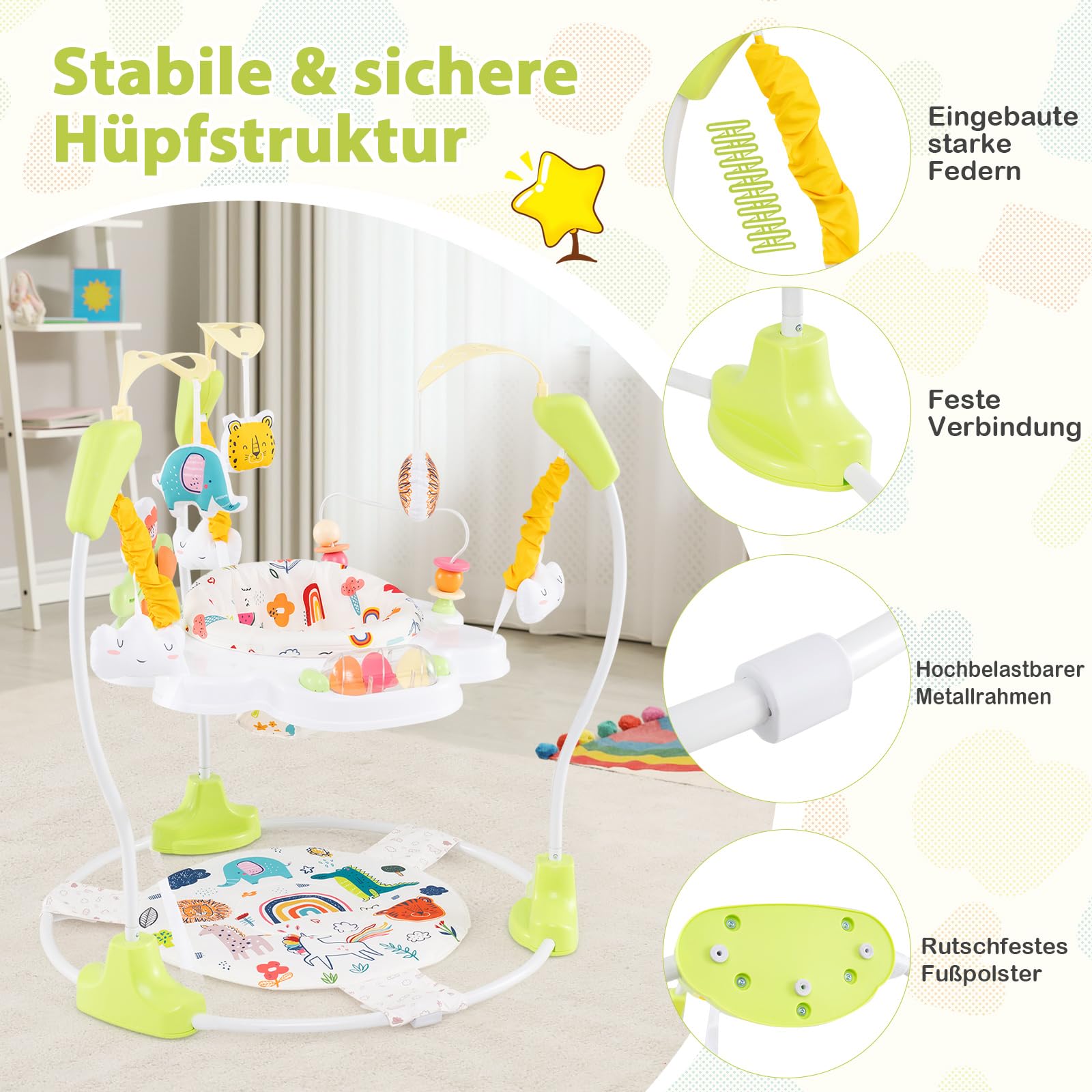 GOPLUS 3 w 1 Baby Jumperoo, centrum do skakania i zabaw z obrotowym siedziskiem o 360°, zabawka i tablet muzyczny ze światłami i dźwiękiem, siedzisko do zabawy z regulacją wysokości, dla dzieci od 6