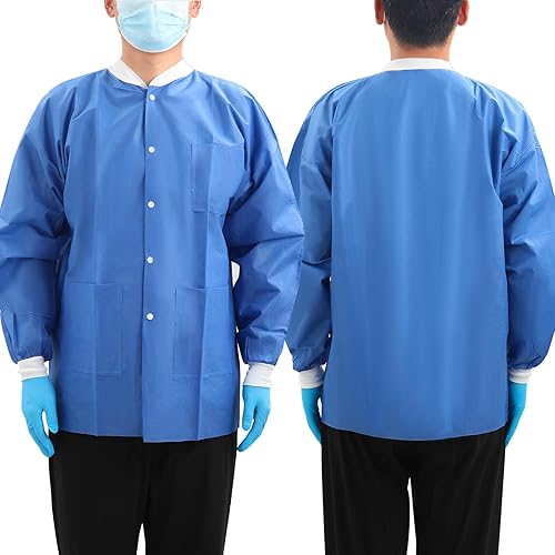 Miniatura 2 de JMU Paquete de 10 chaquetas desechables de laboratorio, chaquetas médicas desechables SMS para hombres y mujeres, cuello de puños de punto, 3