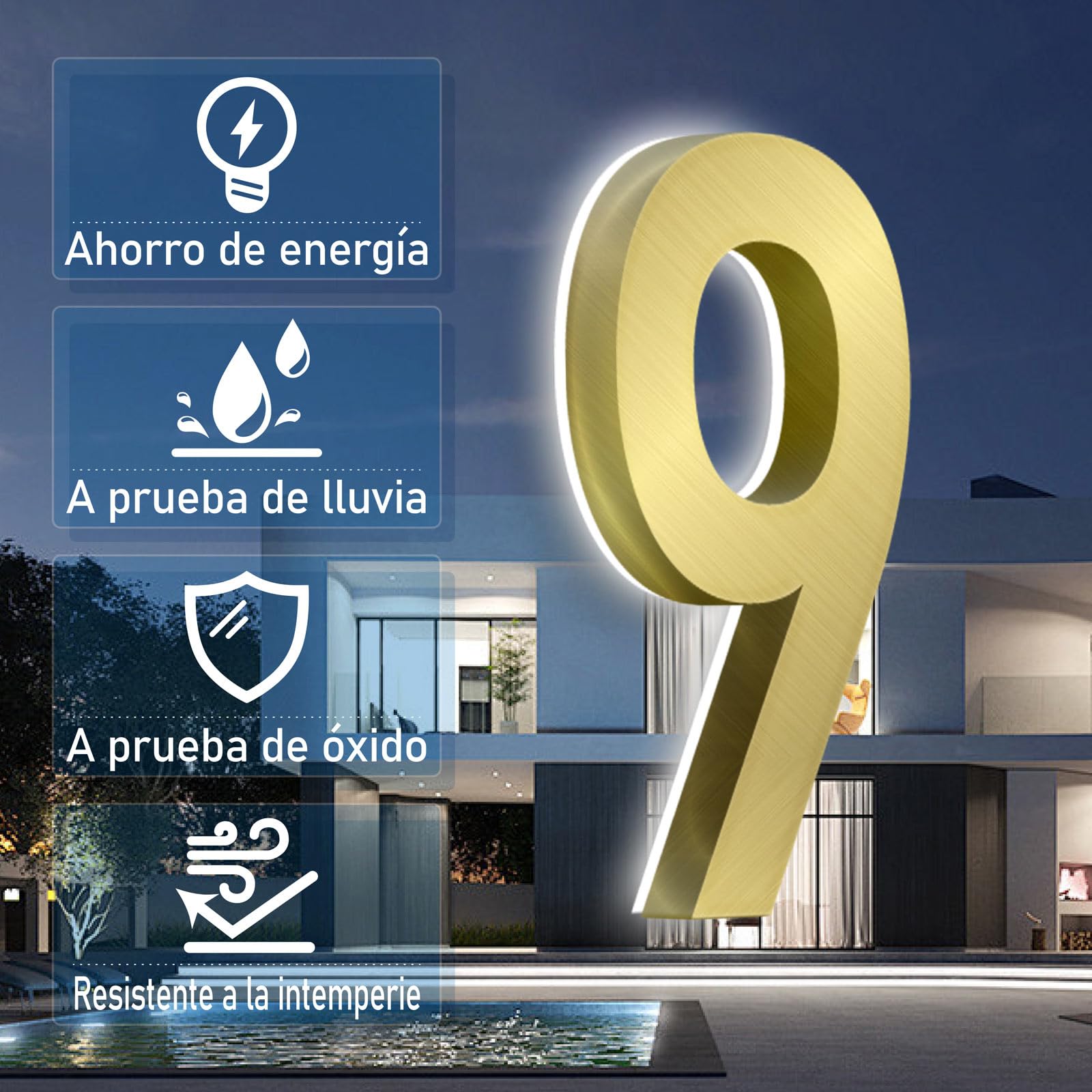 Número LED acero inox cepillado dorado Resistente y elegante (7,8 Inch)