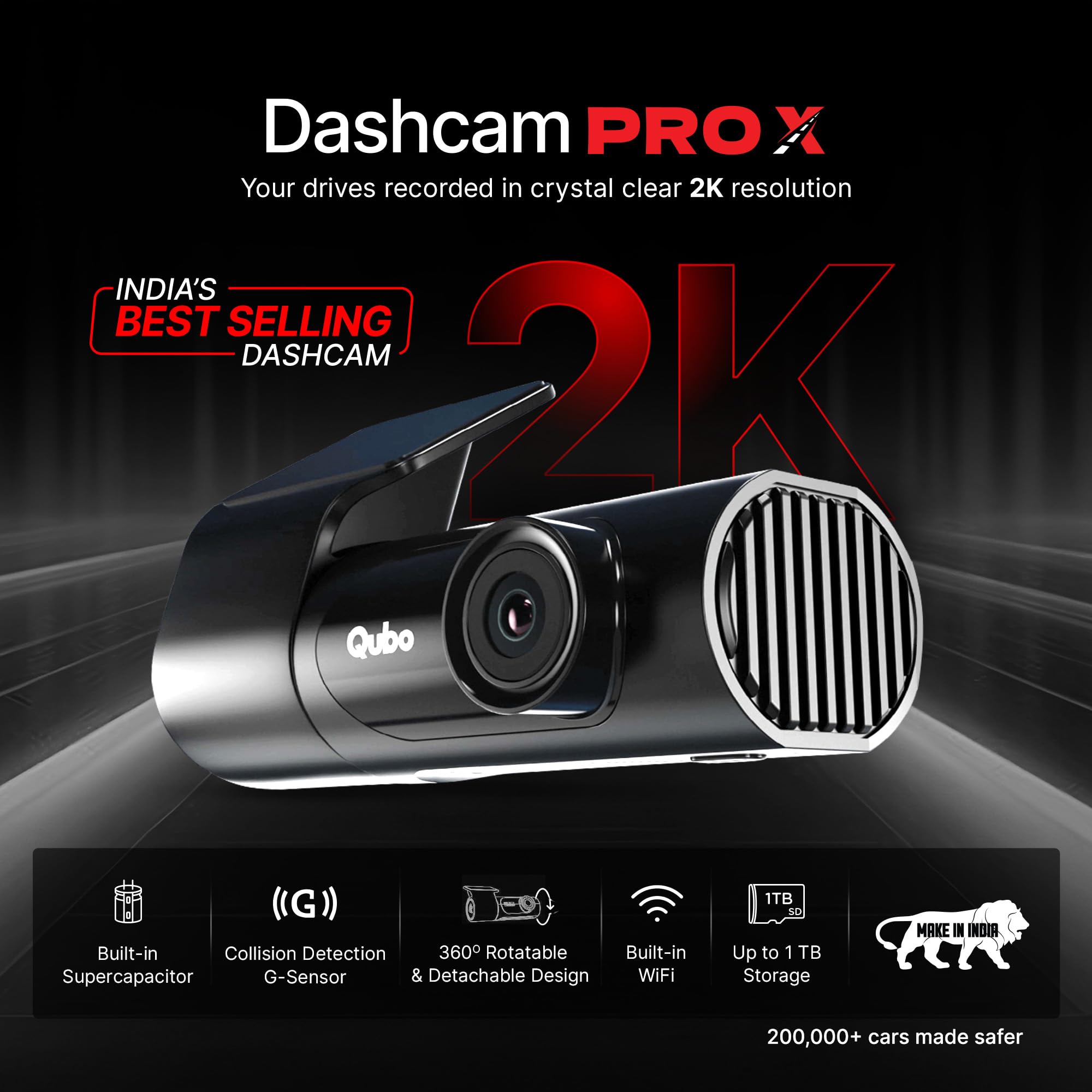 Qubo Dashcam Pro X (2026 Edition) | 2K Resolution | Doubles up as in-Cabin Camera | NightPulse Vision | Wide FOV | Supercapacitor | Built in Wi-Fi, Mic | Up to 1TB Storage | Built for Indian Roads