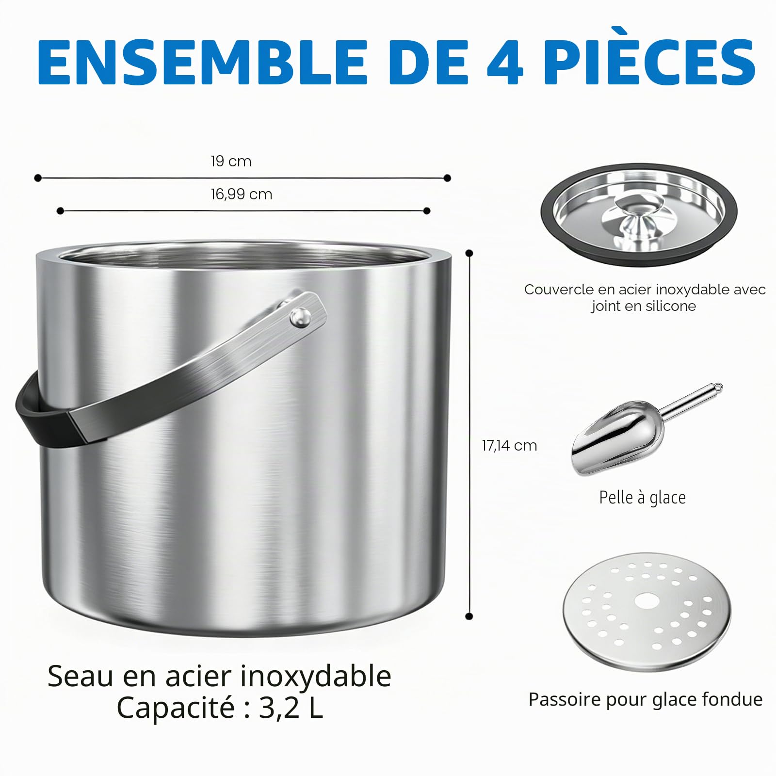 3.2L seau a glacon Isotherme Double paroi Seau à glaçons Incluse Pelle et Couvercle, seau a champagne seau a glace pour apéritifs Boisson Cocktails Bouteille Bar Anniversaires Fêtes