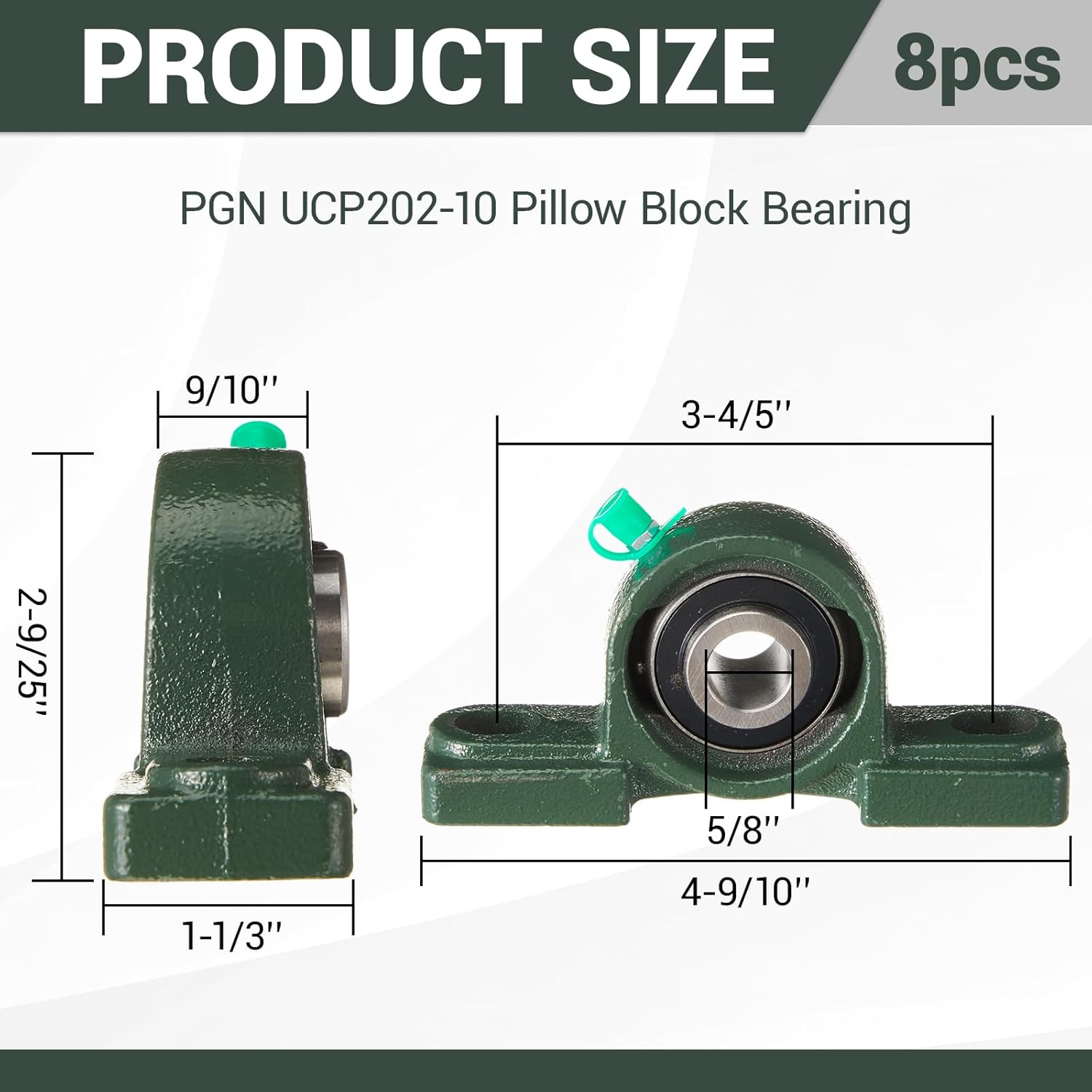 Gisafai 8 Pcs UCP202-10 Pillow Block Bearing with 5/8" Bore Flange Mounted Pillow Block Ball Bearing Self Alignment Cast Iron Housing Steel Unit for Industry, Green