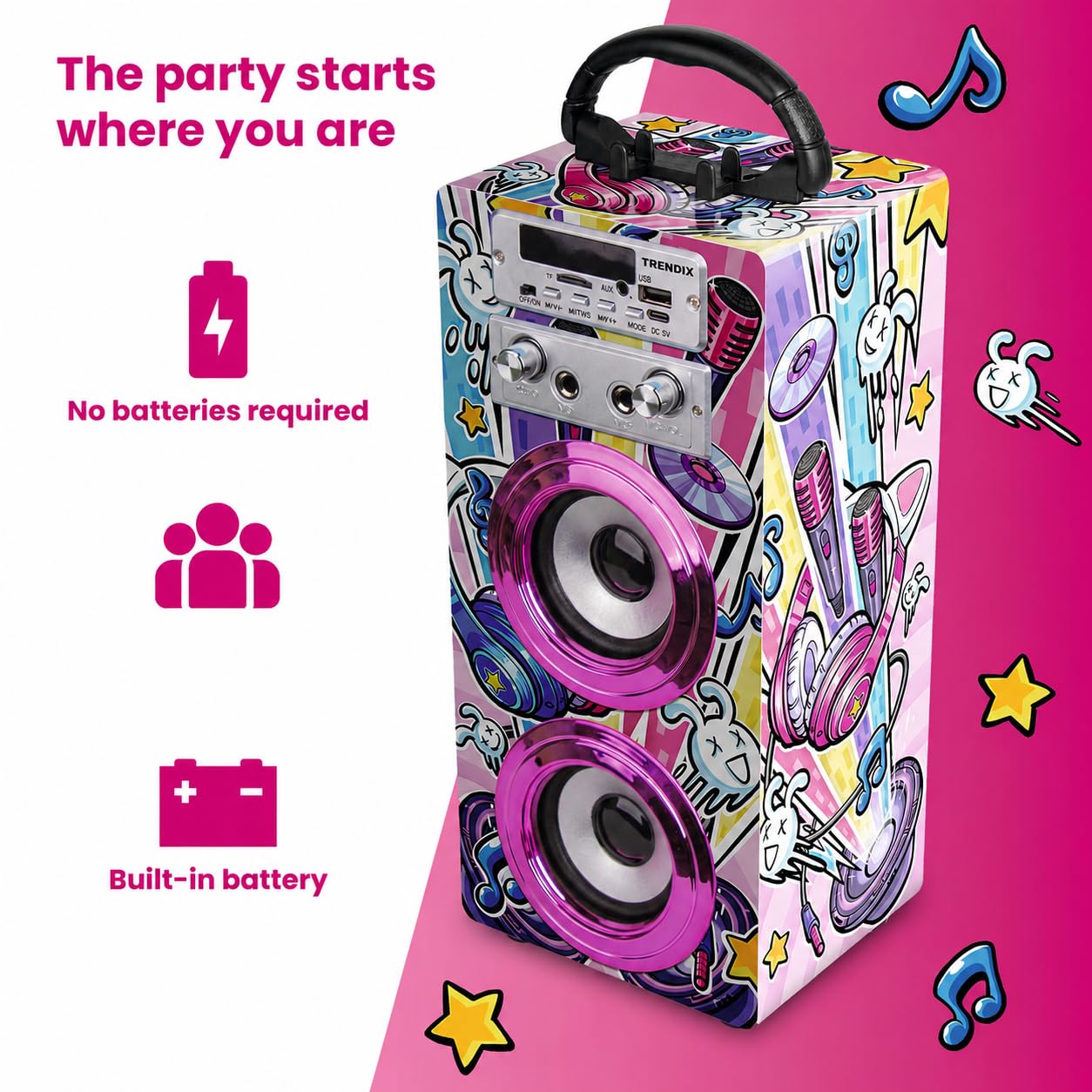 Trendix - Karaoke Maschine Kinder Party Edition | Rosa Karaoke Anlage Mit 2 Mikrofonen, Radio Fm, USB, Bluetooth Und Sd | Musikbox Kinder | Musikbox Mit Mikrofon | Geschenk