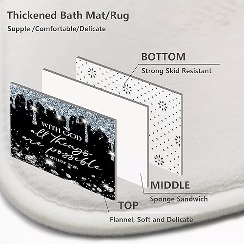 Miniatura 6 de Juego de 4 cortinas de ducha de diamantes negros y plateados con alfombras y cubierta de tapa de inodoro, versículo bíblico blanco y negro, juego de