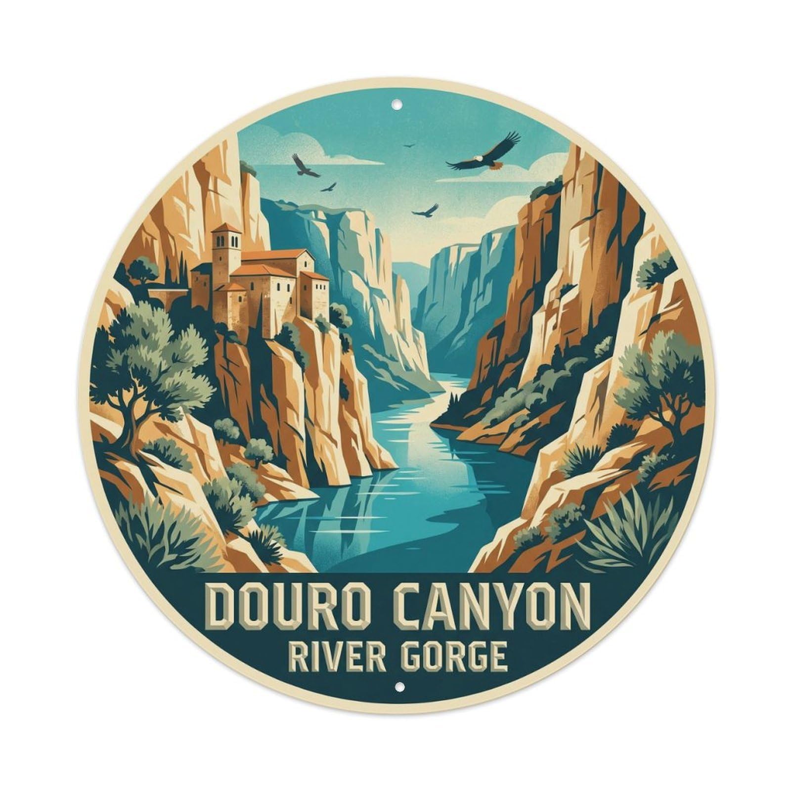 Vintage Travel Douro River Canyon Metal Tin Sign Plaque Wall Decor for Cafe, Club, Garden Round Metal Poster 8x8Inch