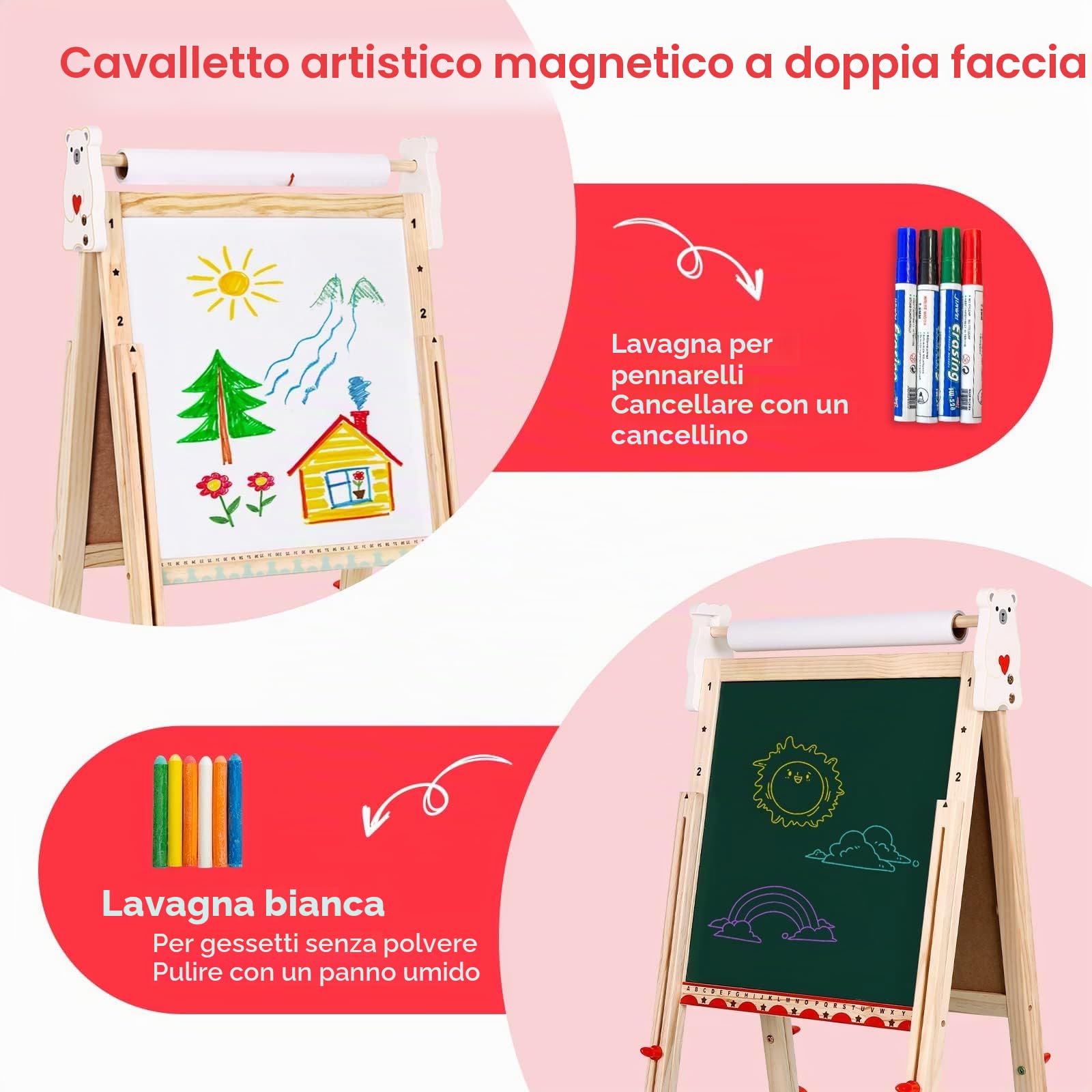 Lavagna per Bambini a Doppia Faccia con Cavalletto Regolabili in Altezza,Rullo di Carta,Lavagna Bianca,Adesivi dei Cartoni Animati e Altri Accessori,Giocattoli Educativi 3+ Anni