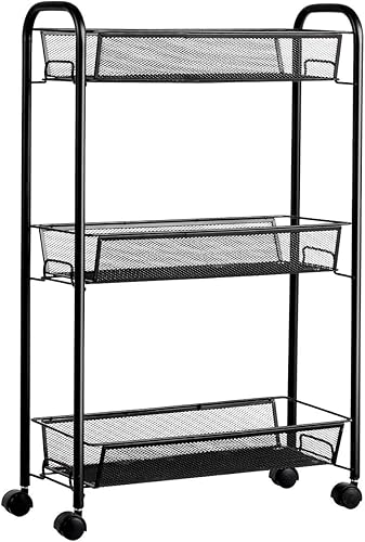 Giantex Carrito de malla de 3 niveles con ruedas, carrito utilitario, organizador móvil, carrito de almacenamiento multifuncional con 3 cestas de