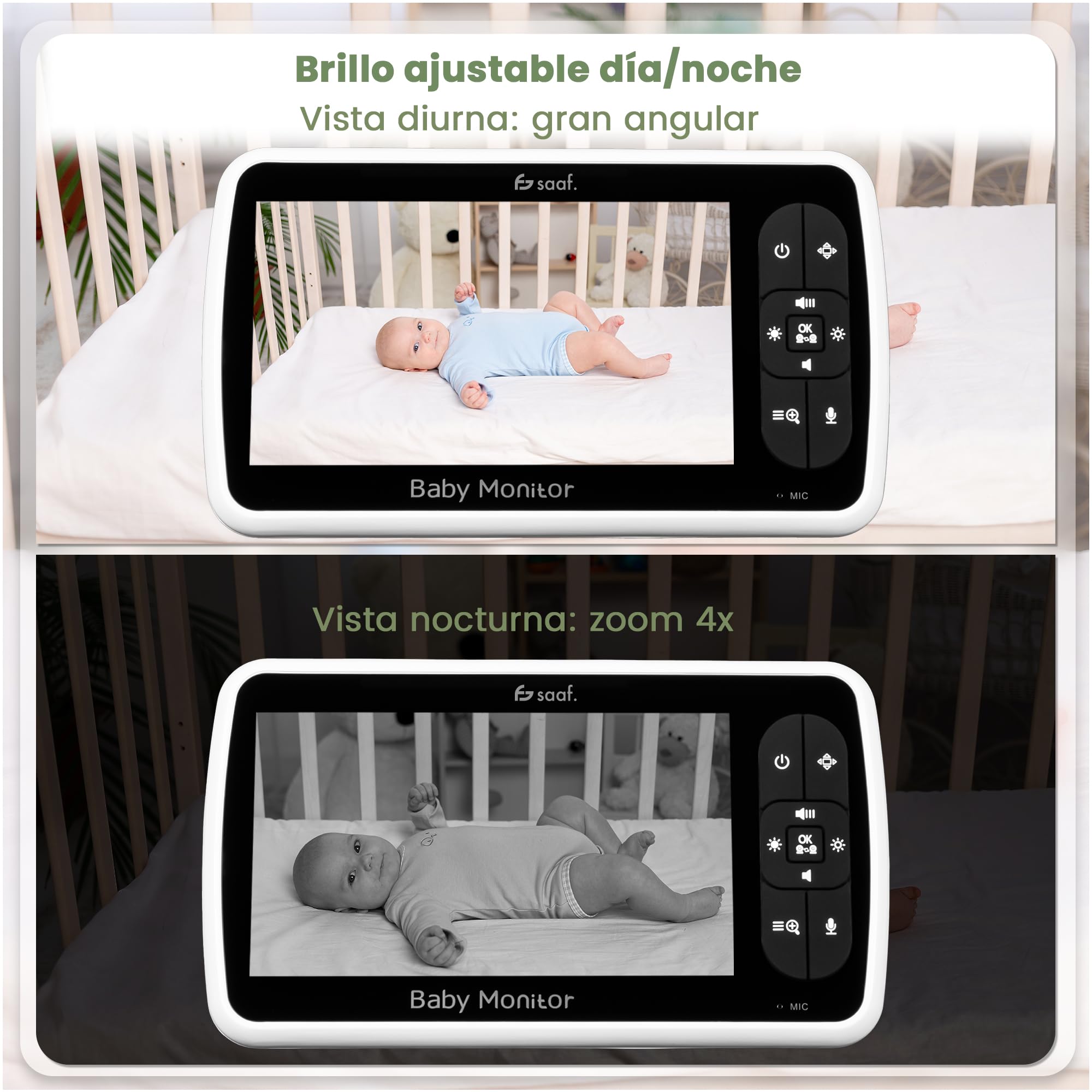 saaf Monitor de Bebé con Cámara y Pantalla de 5” – Cámara Giratoria y Orientable con Función Zoom – Función Hablar y Visión Nocturna – Brillo Ajustable – Soporte Flexible Incluido
