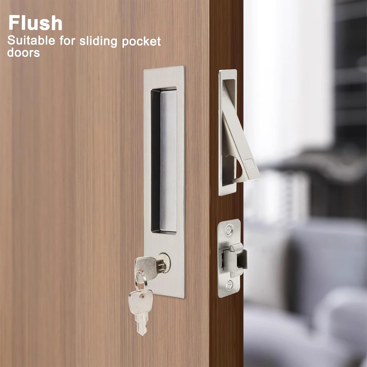 Dontay Pocket Door Handle with Lock and Edge Pull, Narrow Modern Rectangular Keyed Entry Function, Recessed Sliding Door Hardware for 1 3/8” to 2 3/16” Thickness Door (1, Brushed Nickel)
