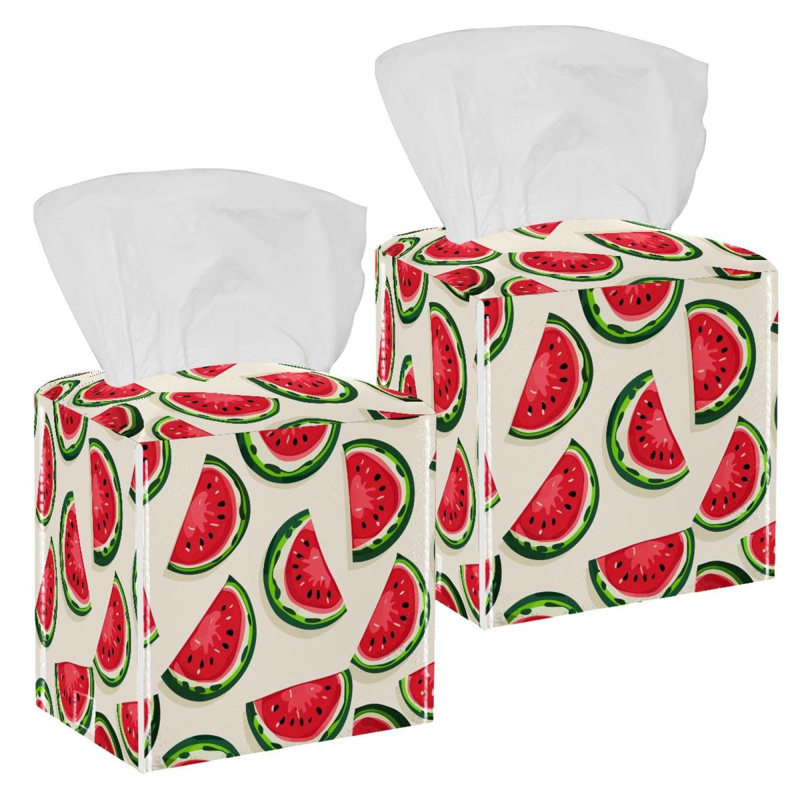 Watermelon Tissue Box Cover, 2 Pack PU Leather Square Facial Tissue Dispenser Box holder for Home Office Car