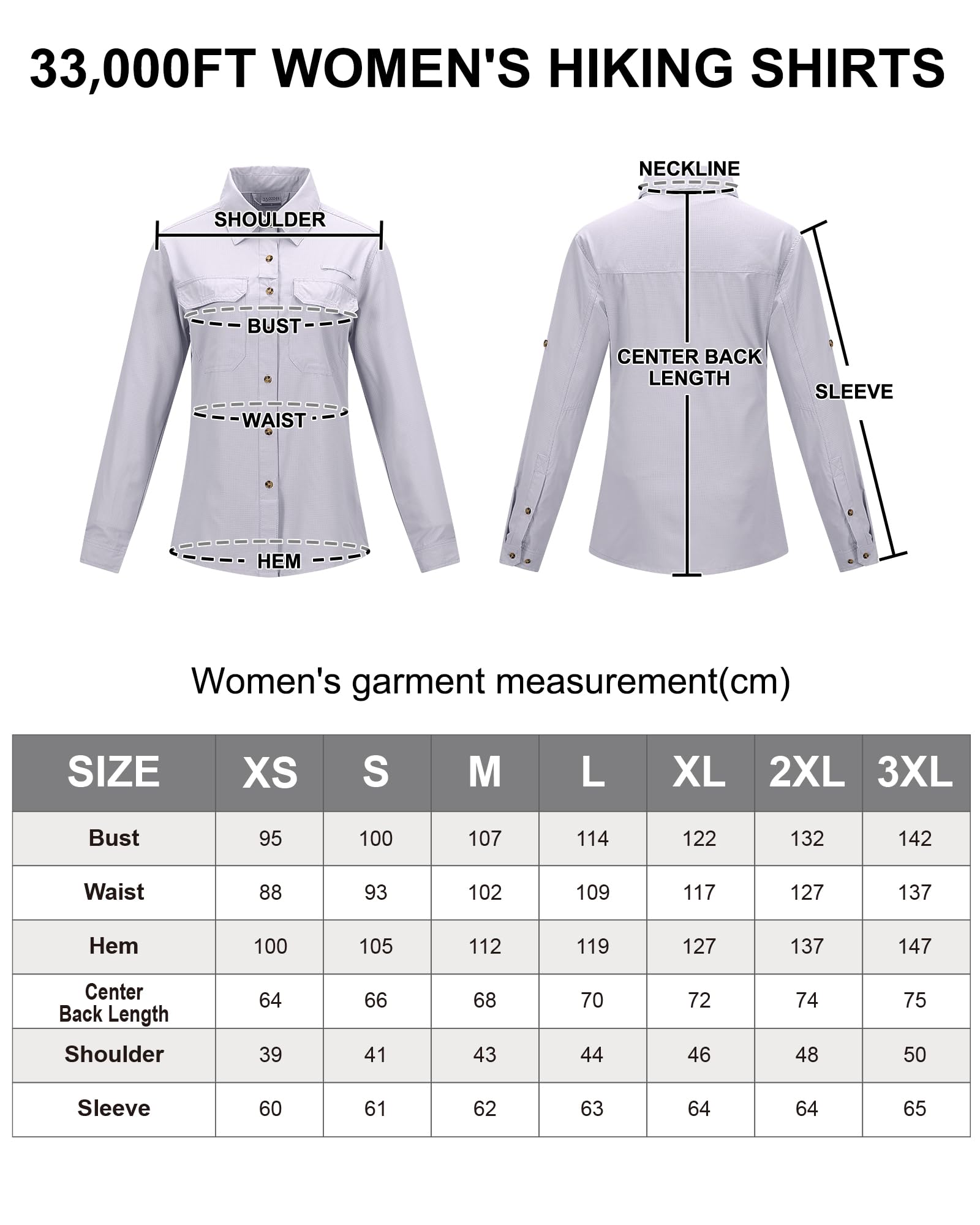 33,000ft Camicia da donna UPF50+, protezione UV, ad asciugatura rapida, per il tempo libero, a maniche lunghe, funzionale, per pesca, safari, viaggi, golf