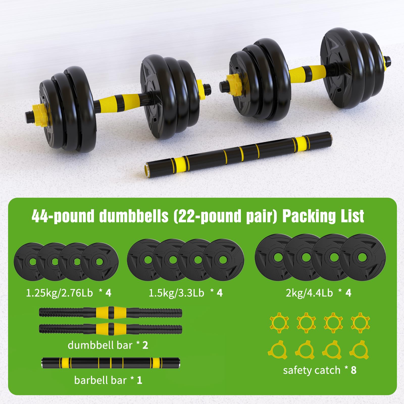 Adjustable Dumbbell Set, 44/66 lb Free Weight Dumbbell Barbell Set with Connectors, Converts to Barbell, for Home Gym Exercise, Women's and Men's Fitness Gear (44, Pounds)