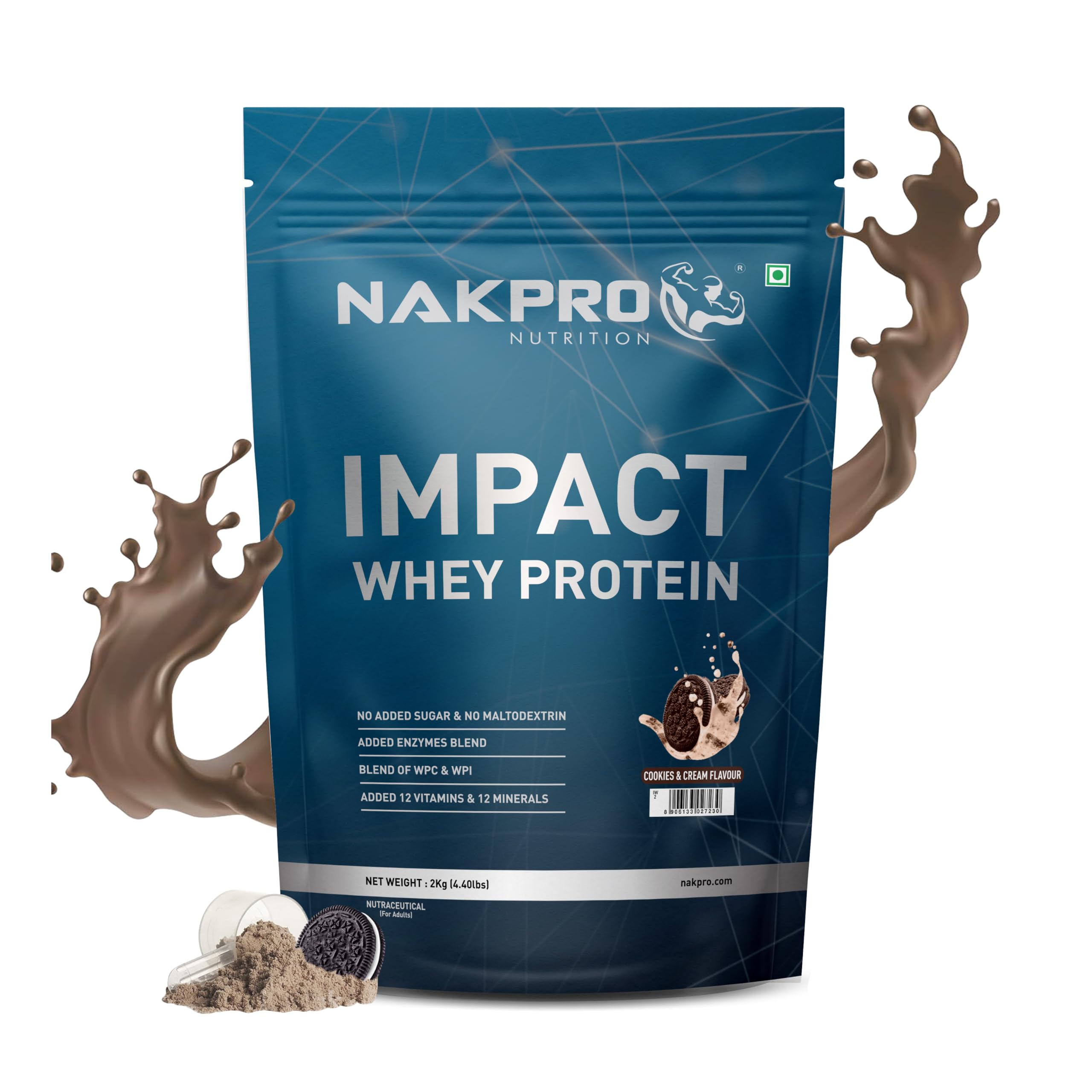 NAKPROImpact Whey Protein 2kg | Isolate & Concentrate | 24g Protein & 4.9g BCAA | With Digestive Enzymes for better Absorption | NABL Lab Tested 100% Authentic Supplement Powder - Cookies & Cream Fl