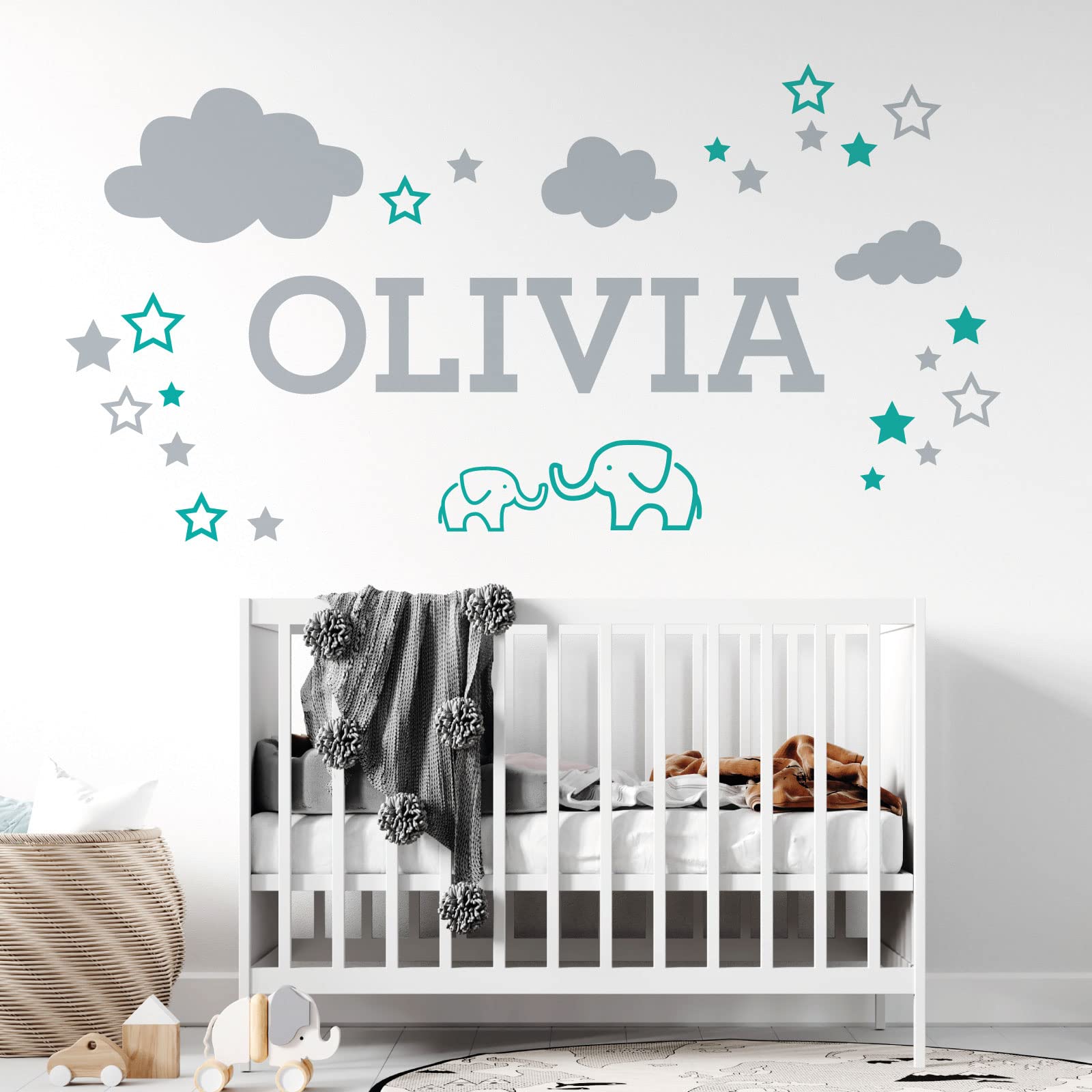 Elephants, Clouds & Stars - Personalised Name Nursery Wall Sticker [Large] [Turquoise]