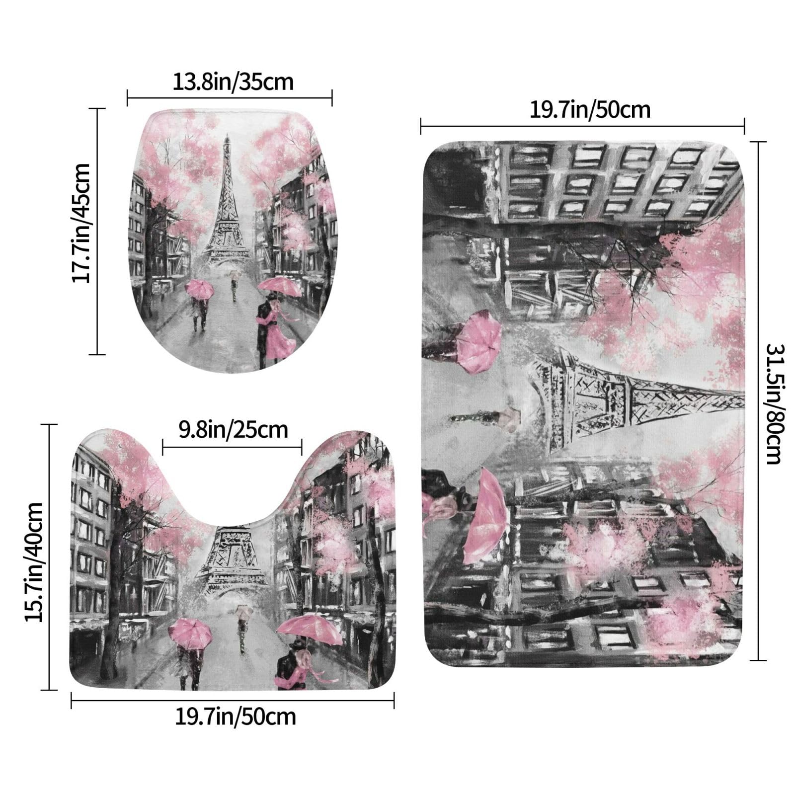 Paris Street Tower - Set di 3 tappetini da bagno con motivo floreale rosa, in flanella, morbido, antiscivolo, con coperchio, decorazione per la casa