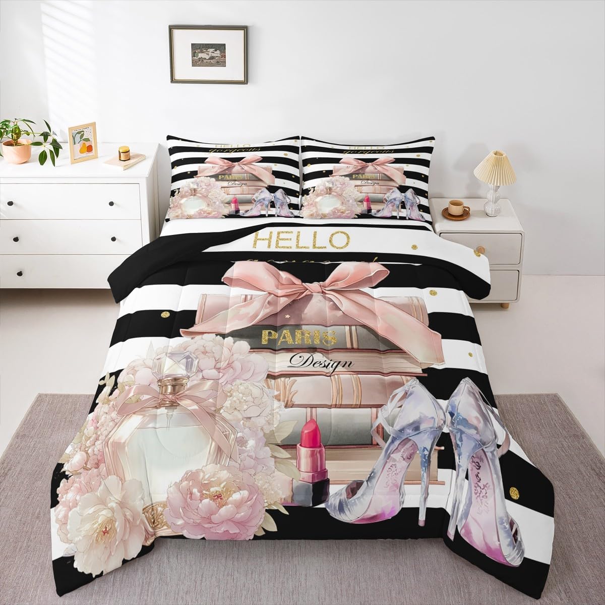 jejeloiu Pink Fashion Comforter Set Full Size Kids Black White Striped Bedding Set Boys Girls Teens Floral Duvet Breathable Perfume High Heels Books Quilt Bedroom Decor,1 Comforter with 2 Pillowcase