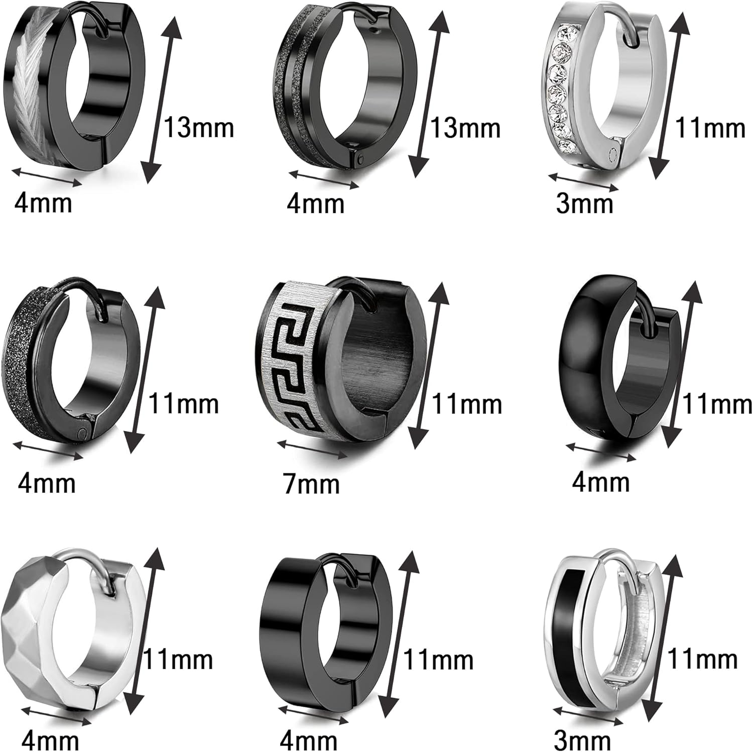 RIOSO 9Pairs Hoop Earrings for Men Stainless Steel Black Men's Hoop Earring - Image 7