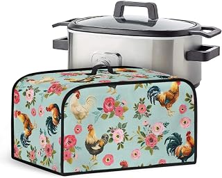 Chicken Rooster Flowers Slow Cooker Dust Cover with Mesh Pocket for Accessories Anti-Stains & Scratches Protection Case for Crock Pots 6 7 8 Quart Slow Cooker