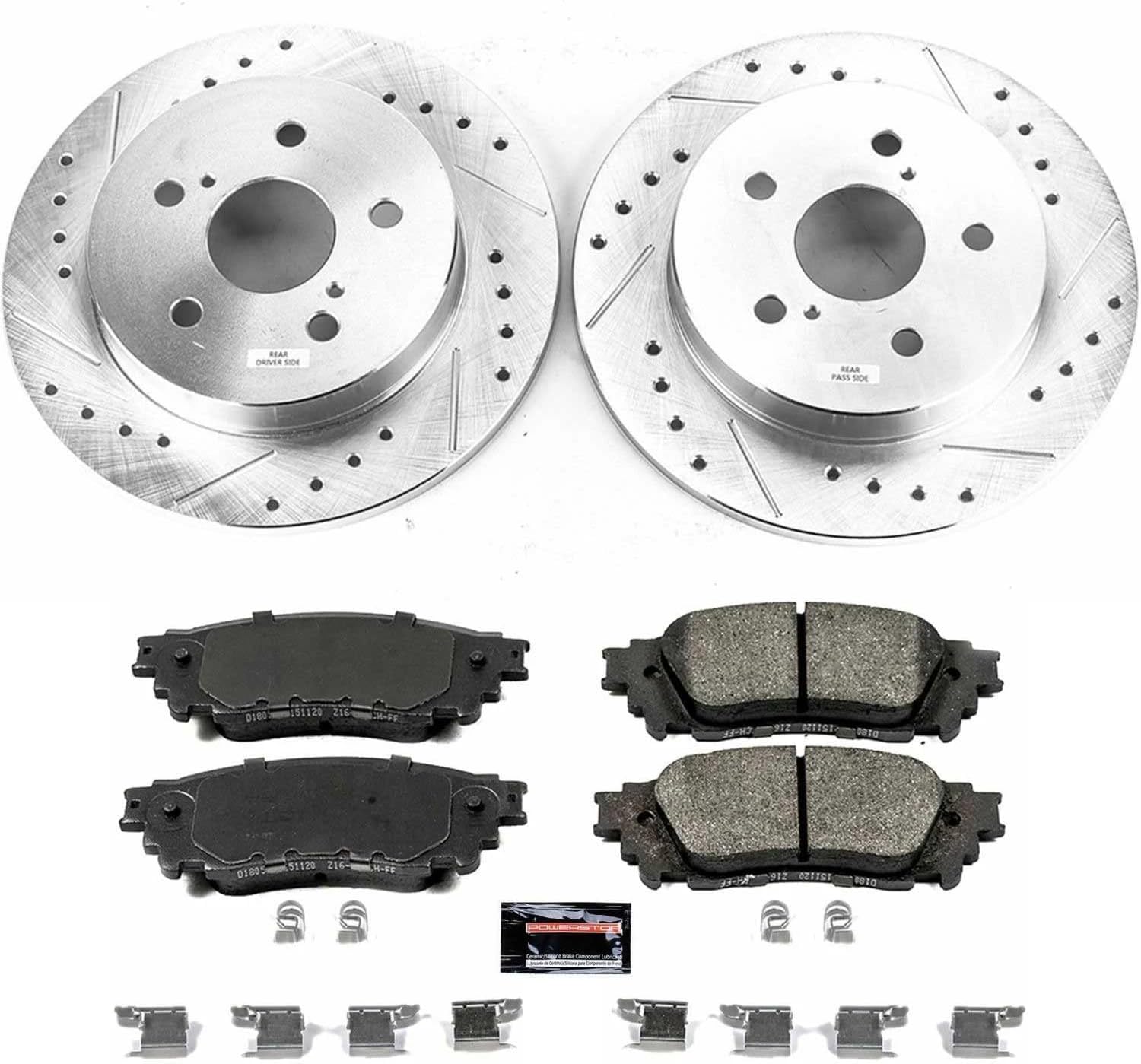 PowerStop Rear Brake Kit For Lexus NX200t 2015-17 |NX300 2018-21 |NX300h 2015-21 |Toyota C-HR 2018 - Drilled and Slotted Disc Rotors with Ceramic Brake Pads Replacement, K7739