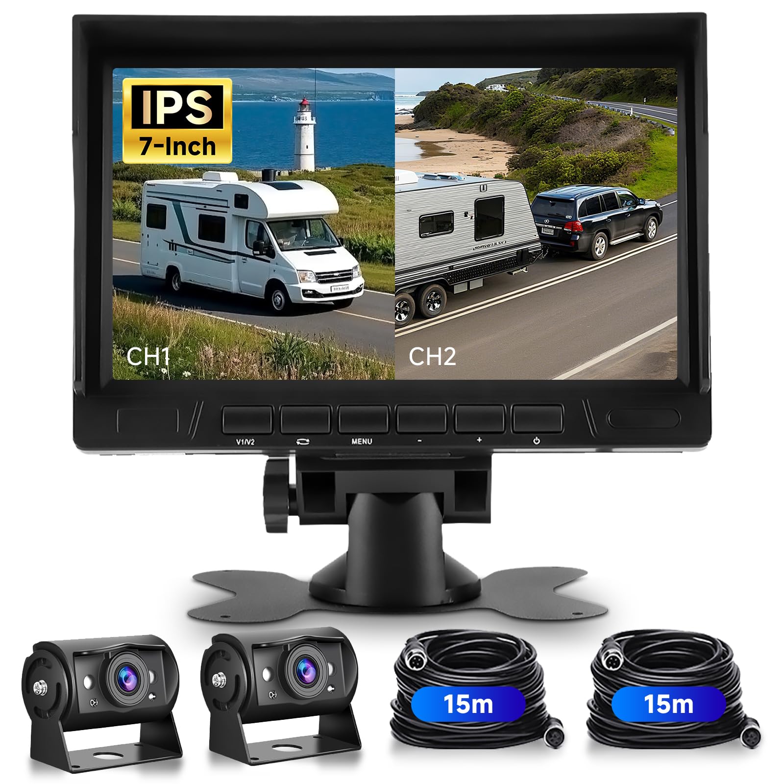 VECHTEL 1080P Cable para cámara de visión Trasera (2 Unidades) con Monitor IPS de 7 Pulgadas, Pantalla Dividida, IP69 AHD visión Nocturna para SUV,camión, Autocaravana,con Visera,Cable de 15 m