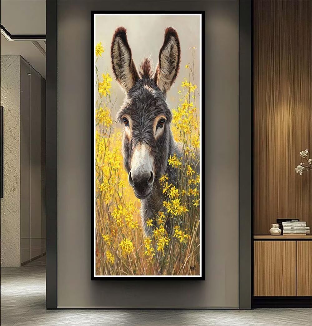 Animals Flowers Diamond Art Kits Adults Large 5D Donkey Diamond Painting Kits, DIY Full Drill Crystal Art Craft Rhinestone Embroidery Cross Stitch for Adults 39.4x78.7 Inch/100x200 cm -LR1078