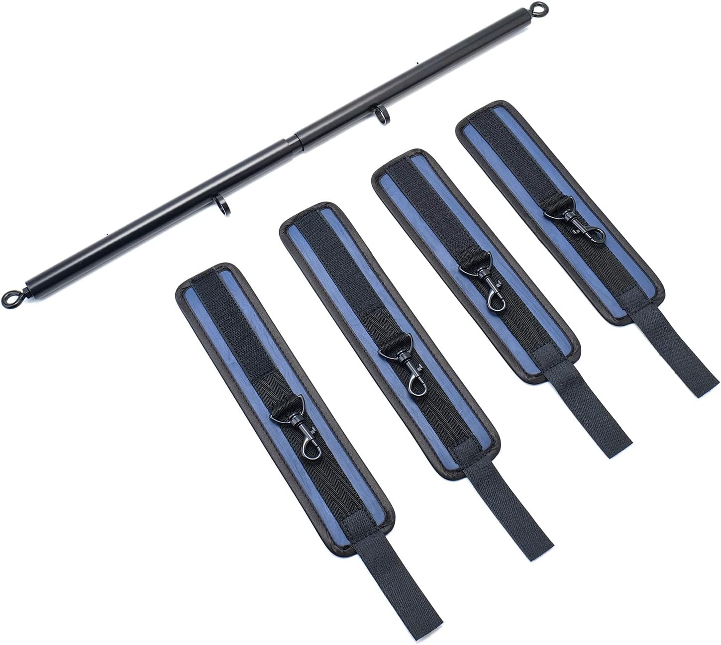 Spreader Bar Heavy Duty Stainless Steel Expandable Black Bar with 4pcs PU Blue Furry Adjustable Straps,Sports Aid Training Fitness Gear Pilates Aid Kit, Home Restore Pilates Indoor Yoga Set