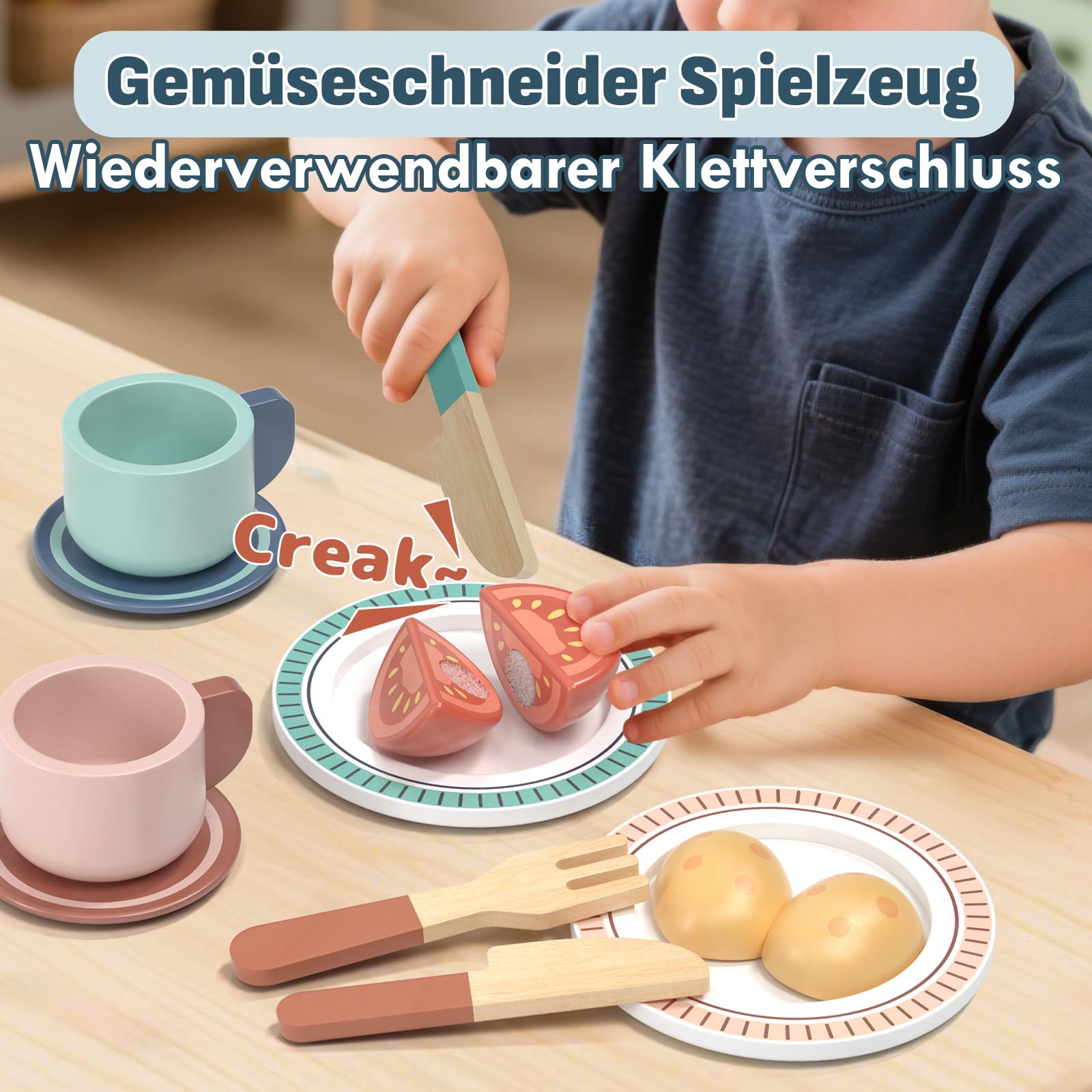 Lehoo Castle Kinderküche Zubehör, Spielküche Zubehör Holz, Kinder Küchenset, Kinderküche Geschirr mit Töpfe und Kochgeschirr, Spielzeug ab 3 Jahre