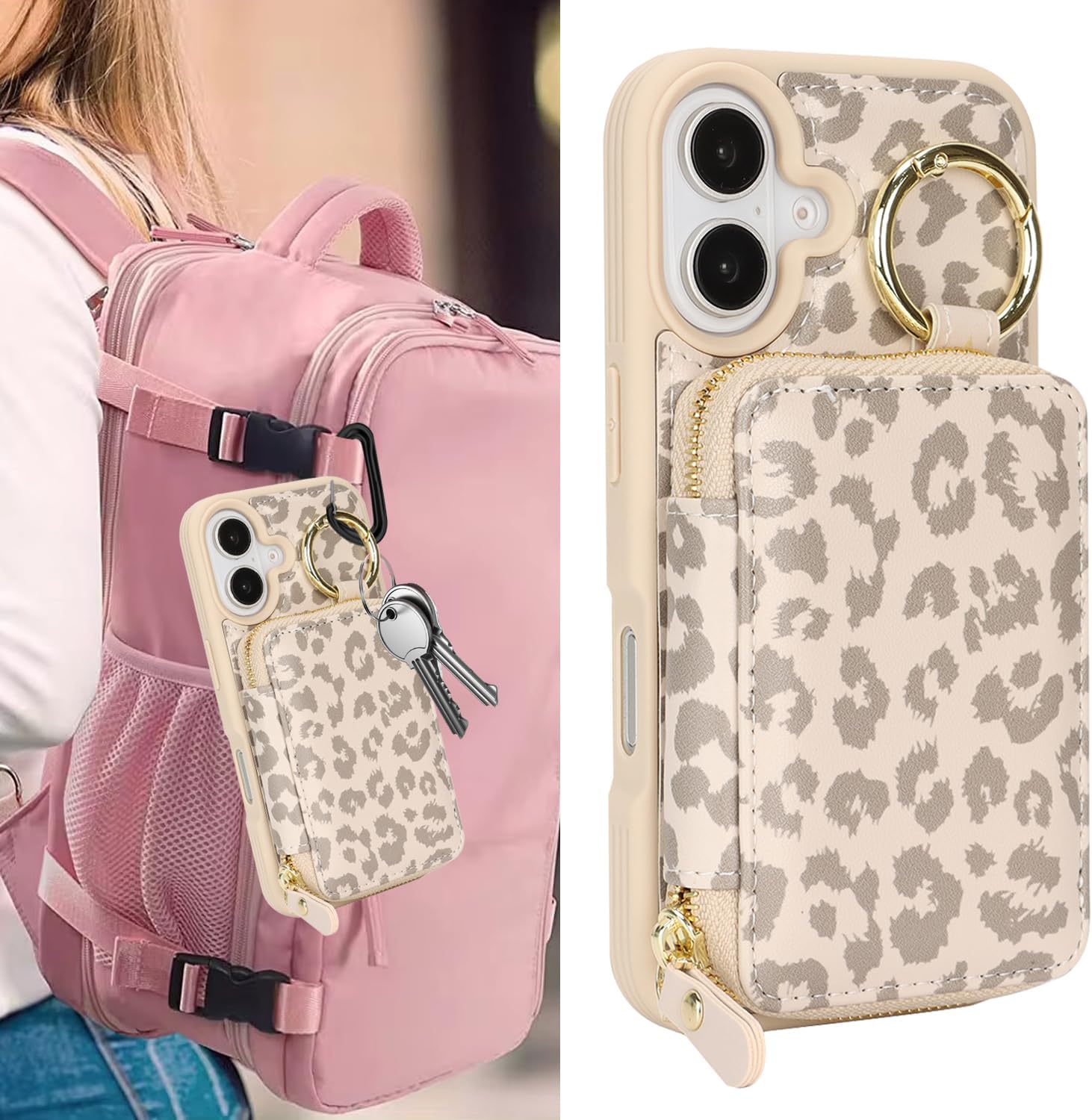 for iPhone 17 Case Wallet with Card Holder,for iPhone 17 Phone case Wallet with Zipper with Slot Kickstand Stand Case for Women and Man 5G 6.3 Inch-Off-White Leopard