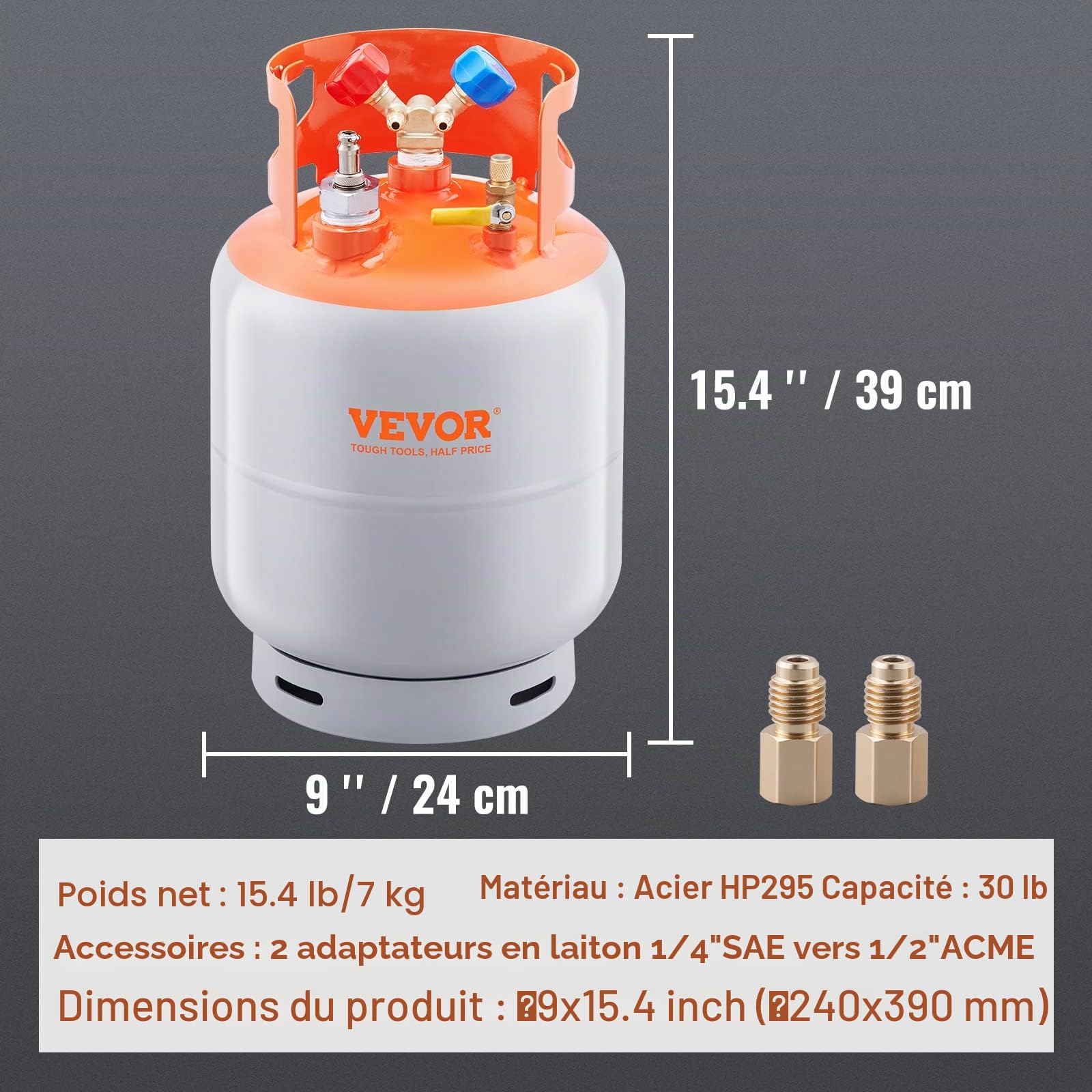 VEVOR Réservoir de récupération de réfrigérant avec interrupteur à flotteur – Réservoir de récupération AC d'une capacité de 30 lb avec adaptateur ¼ à ½, réservoir de récupération réutilisable CVC pou