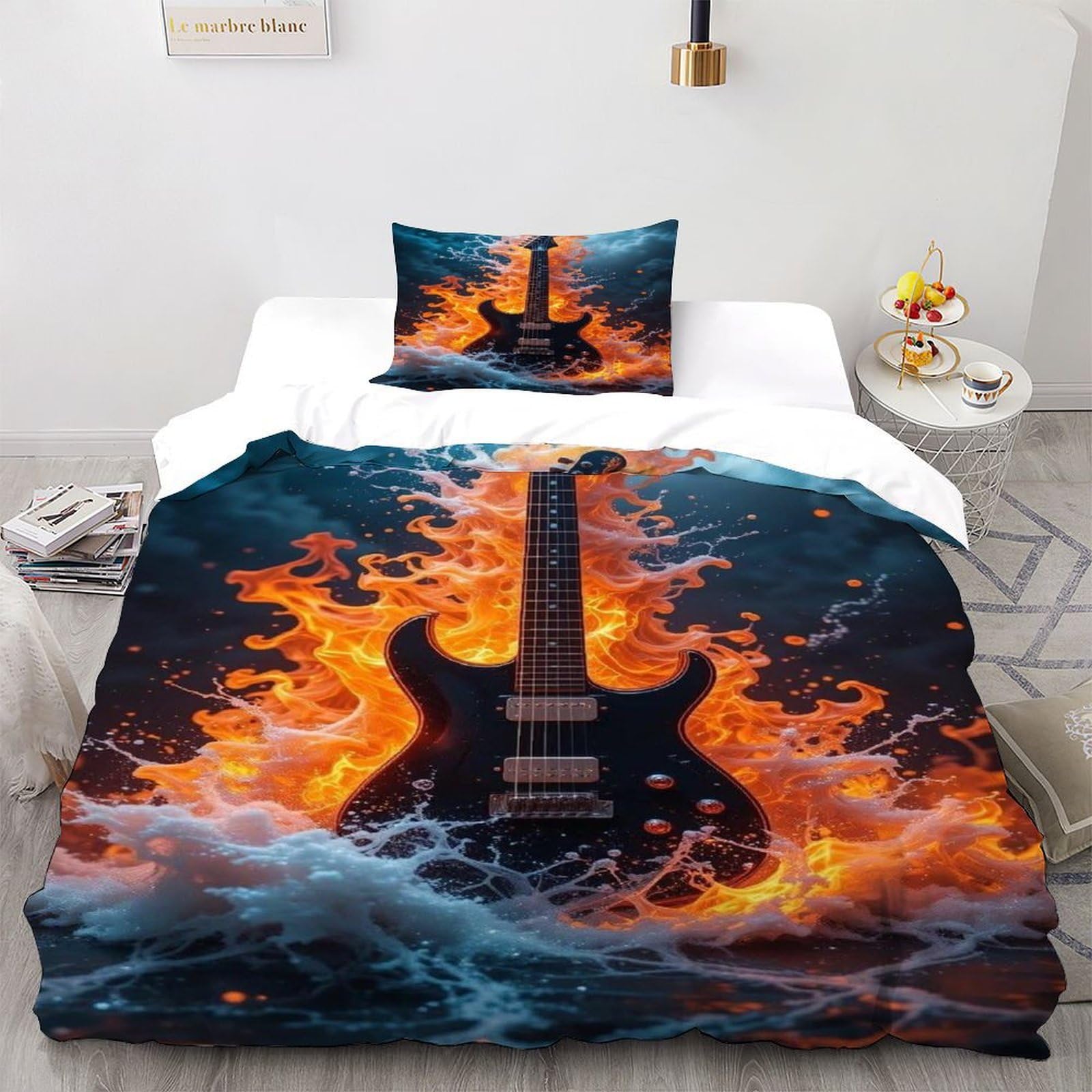 Guitar Fire Bedding Set 3D Design Space Theme Theme Duvet Cover Set Microfiber Quilt Cover Suitable for Family,couple,children Pillowcase Single（135x200cm）