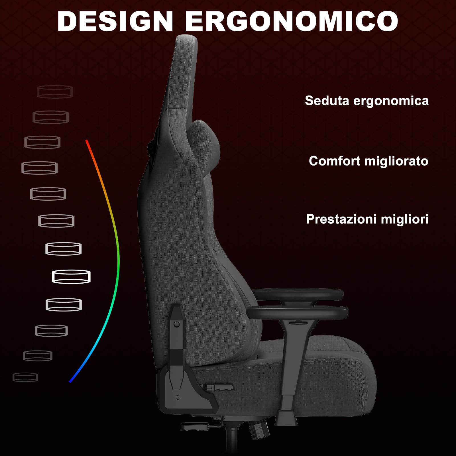 Devoko Sedia Gaming Ergonomica in Tessuto Traspirante, Schienale 90–135°, Braccioli 3D Regolabili, Supporto Lombare e Poggiatesta, Sedia Ufficio Gaming per Adulti, Grigio Scuro